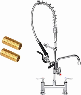 Commercial Sink Faucet with Pre Rinse Sprayer, 8 Inch Center 27 inch Height Deck Mount Commercial Kitchen Sink Faucet with 12inchSwing Spout Fit for Kitchen Restaurant, Brass Chrome