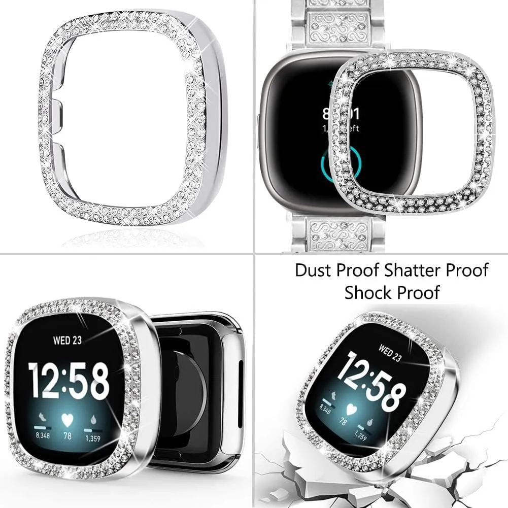 Compatible with Fitbit Versa 4/Sense 2 with Case Women, Jewelry Replacement Metal Wristband Strap with Bling PC Protective Cover for Fitbit Versa 3/Sense (Fitbit Versa 3/Sense, Silver)