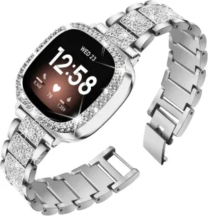 Compatible with Fitbit Versa 4/Sense 2 with Case Women, Jewelry Replacement Metal Wristband Strap with Bling PC Protective Cover for Fitbit Versa 3/Sense (Fitbit Versa 3/Sense, Silver)