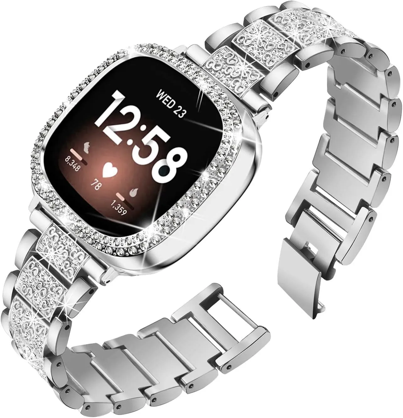 Compatible with Fitbit Versa 4/Sense 2 with Case Women, Jewelry Replacement Metal Wristband Strap with Bling PC Protective Cover for Fitbit Versa 3/Sense (Fitbit Versa 3/Sense, Silver)