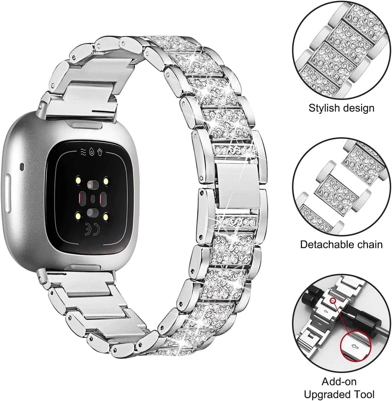 Compatible with Fitbit Versa 4/Sense 2 with Case Women, Jewelry Replacement Metal Wristband Strap with Bling PC Protective Cover for Fitbit Versa 3/Sense (Fitbit Versa 3/Sense, Silver)