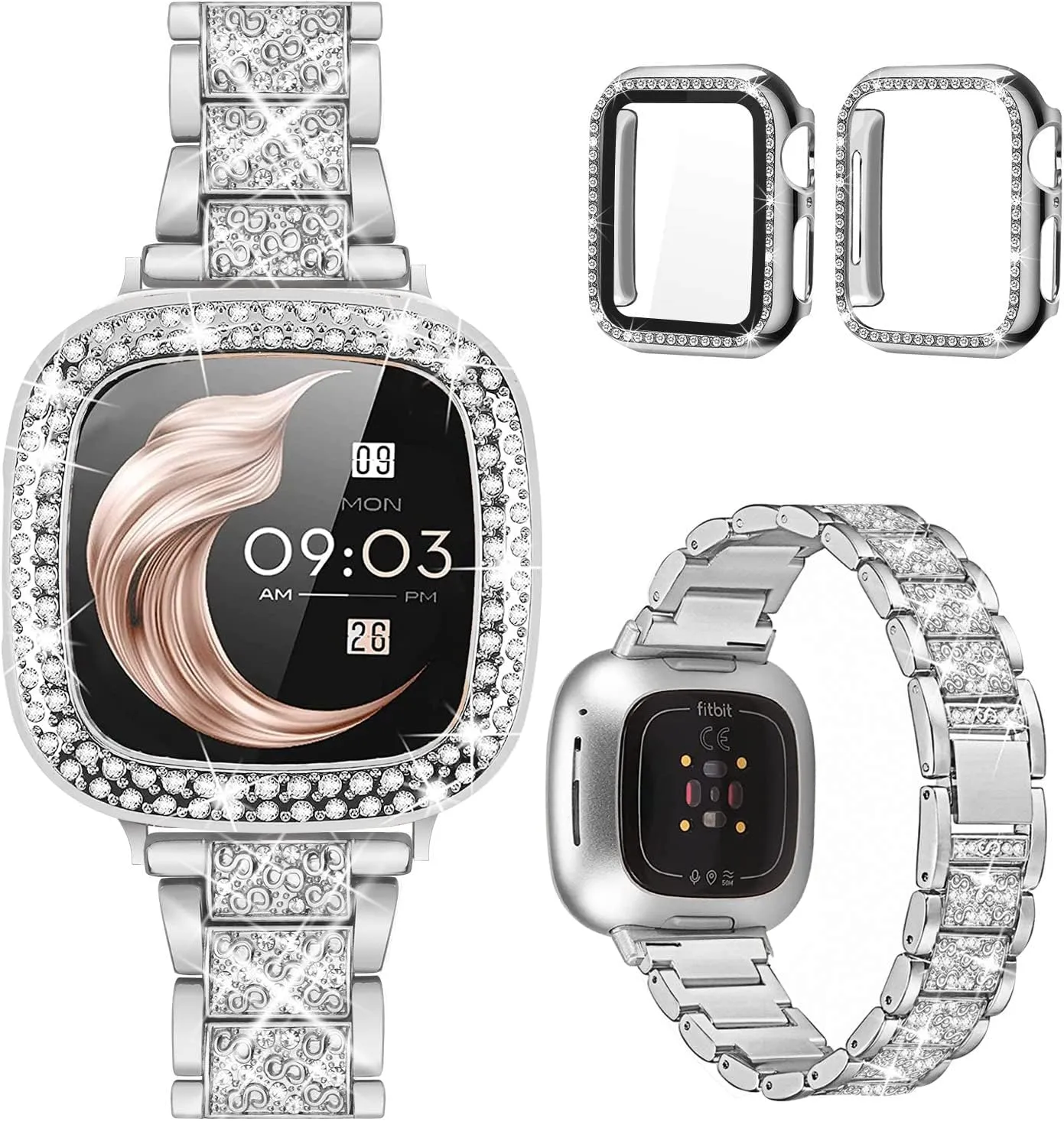 Compatible with Fitbit Versa 4/Sense 2 with Case Women, Jewelry Replacement Metal Wristband Strap with Bling PC Protective Cover for Fitbit Versa 3/Sense (Fitbit Versa 3/Sense, Silver)