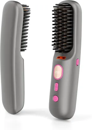 Cordless Hair Straightener Brush, Mini Heated Portable Hot Brush Hair Straightening for Women, 9600mah Battery USB-C Rechargeable, 200 Million Negative Ions for Travel