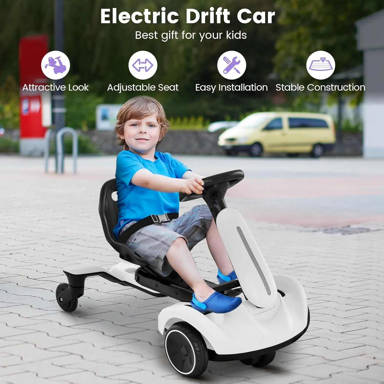 Costzon Ride on Drift Car, 6V Electric Ride-On Toy W/360-Degree Spin, 2-Position Adjustable Seat Up & Down/Front to Back, 2.6-3 MPH Max Speed, Horn & Engine, Drifting Go Kart for Kids 3  (White)