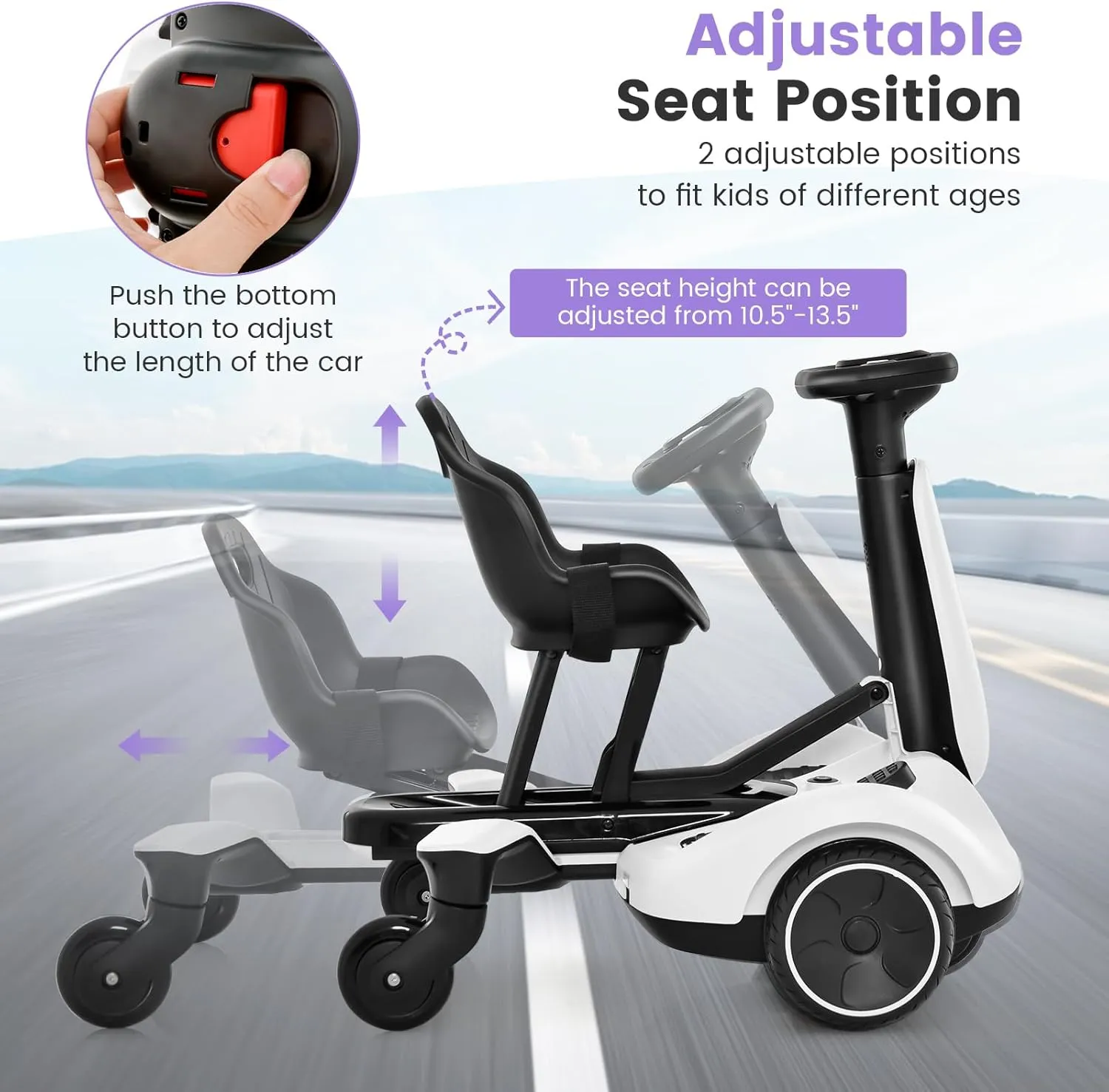 Costzon Ride on Drift Car, 6V Electric Ride-On Toy W/360-Degree Spin, 2-Position Adjustable Seat Up & Down/Front to Back, 2.6-3 MPH Max Speed, Horn & Engine, Drifting Go Kart for Kids 3  (White)