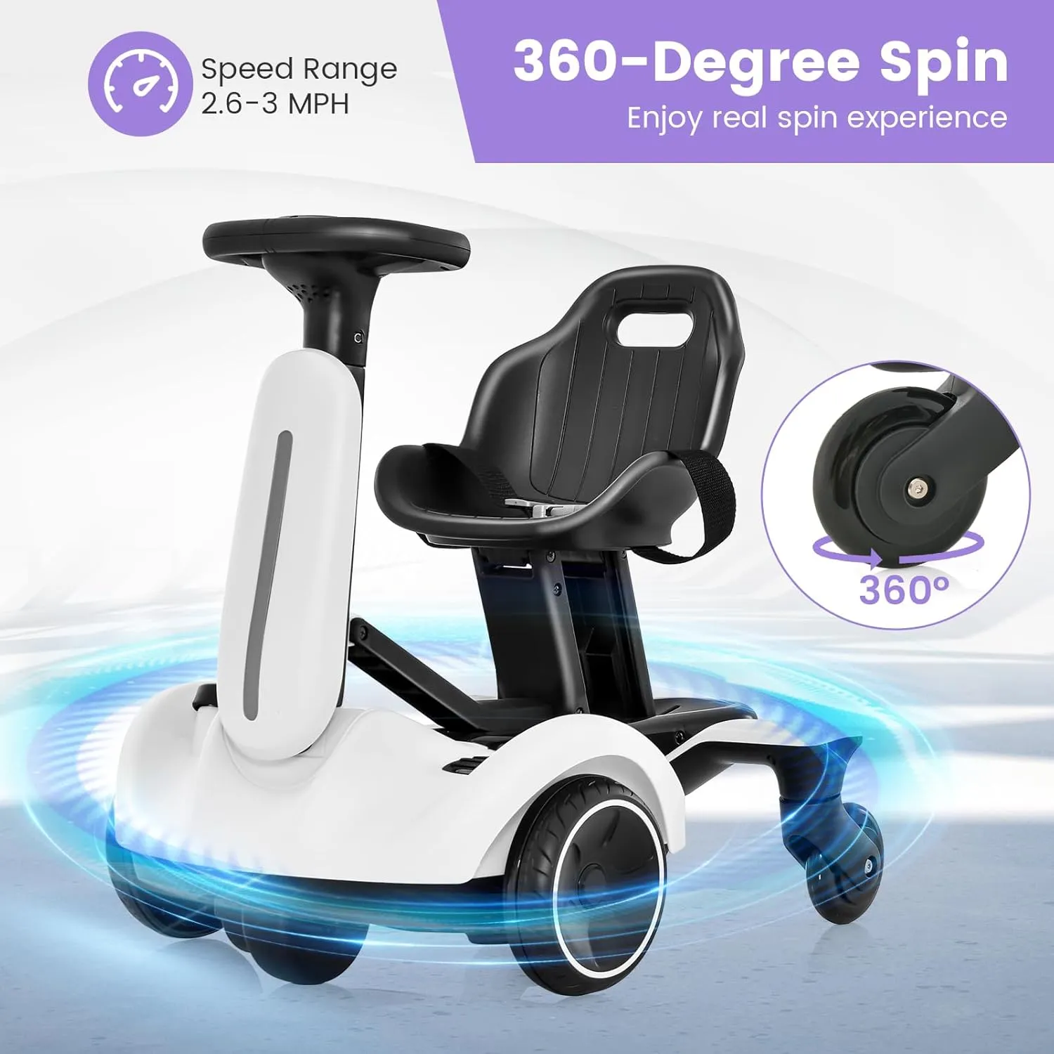 Costzon Ride on Drift Car, 6V Electric Ride-On Toy W/360-Degree Spin, 2-Position Adjustable Seat Up & Down/Front to Back, 2.6-3 MPH Max Speed, Horn & Engine, Drifting Go Kart for Kids 3  (White)