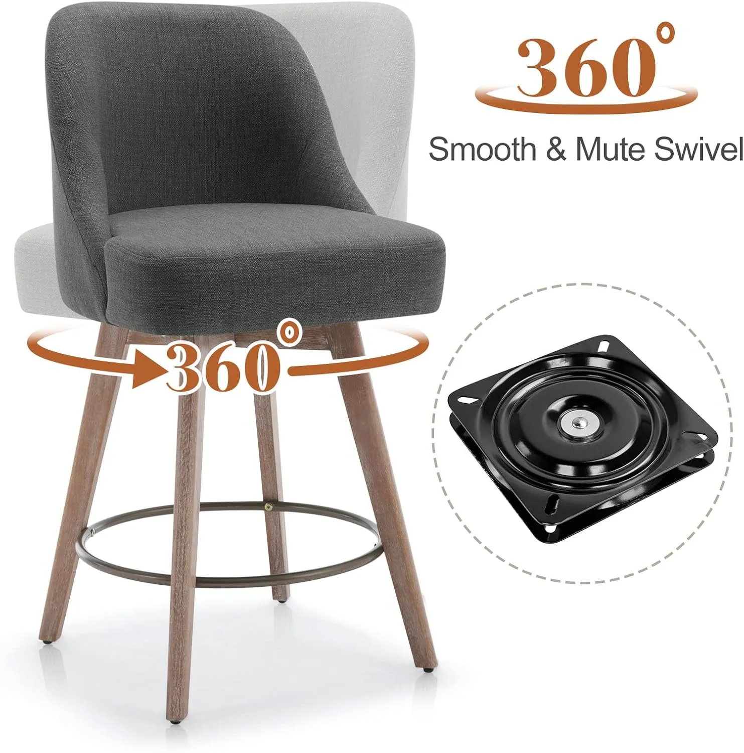 Counter Height Bar Stools Set of 2, Modern Mid-Century Swivel Barstools with Backs and Wood Legs, Linen Fabric Upholstered Bar Chairs, 26" Seat Height Counter Stools for Kitchen Island, Gray