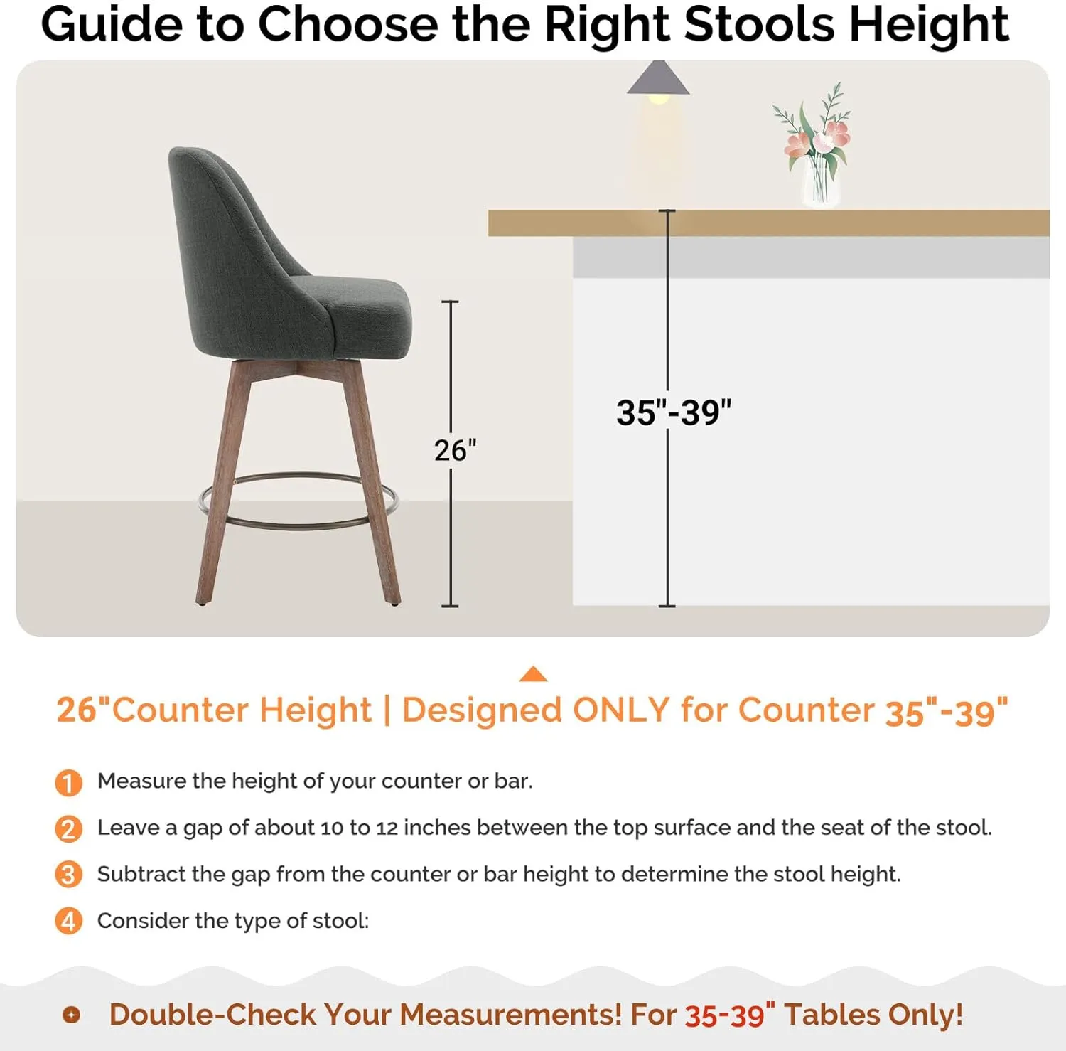 Counter Height Bar Stools Set of 2, Modern Mid-Century Swivel Barstools with Backs and Wood Legs, Linen Fabric Upholstered Bar Chairs, 26" Seat Height Counter Stools for Kitchen Island, Gray