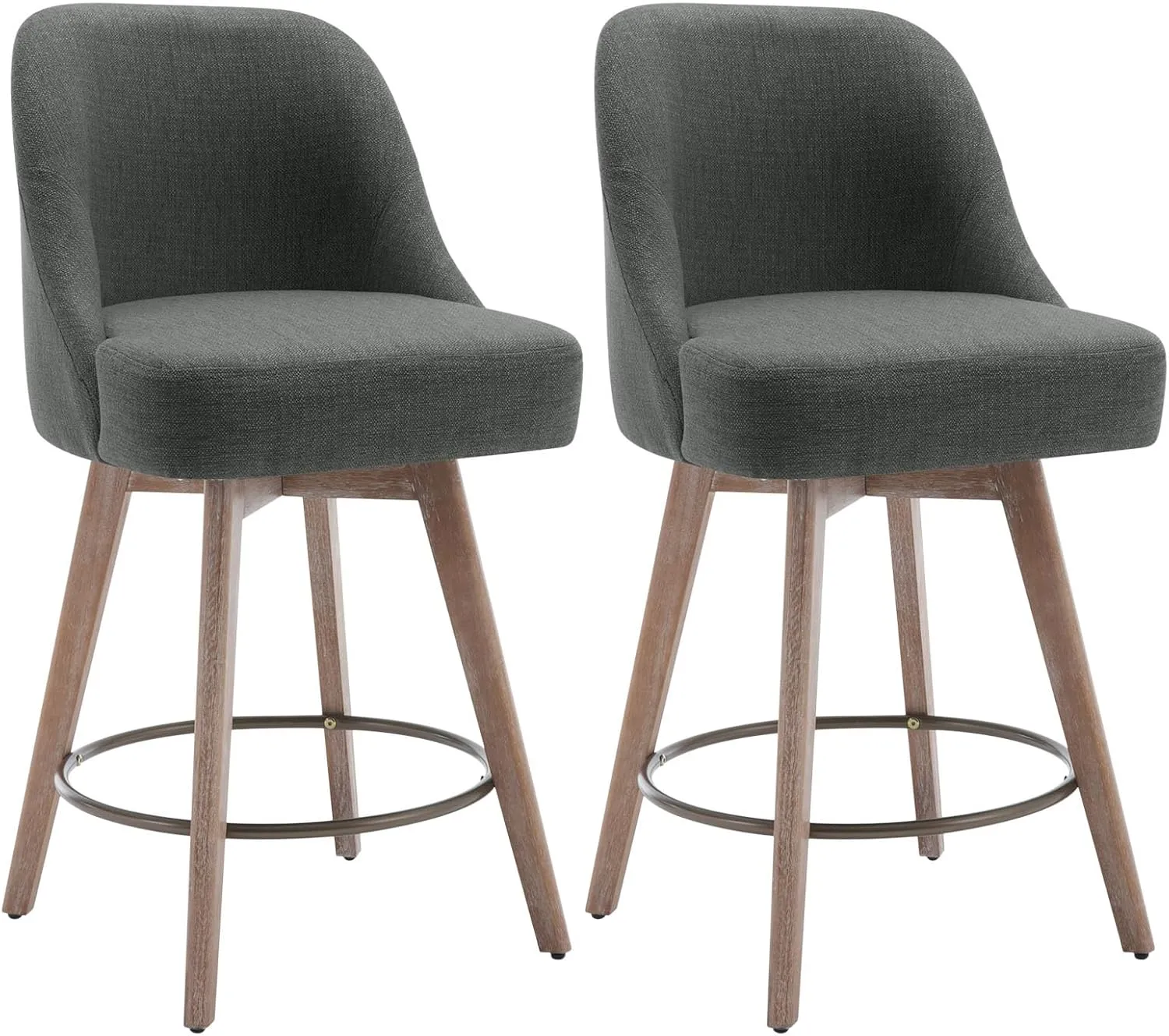 Counter Height Bar Stools Set of 2, Modern Mid-Century Swivel Barstools with Backs and Wood Legs, Linen Fabric Upholstered Bar Chairs, 26" Seat Height Counter Stools for Kitchen Island, Gray