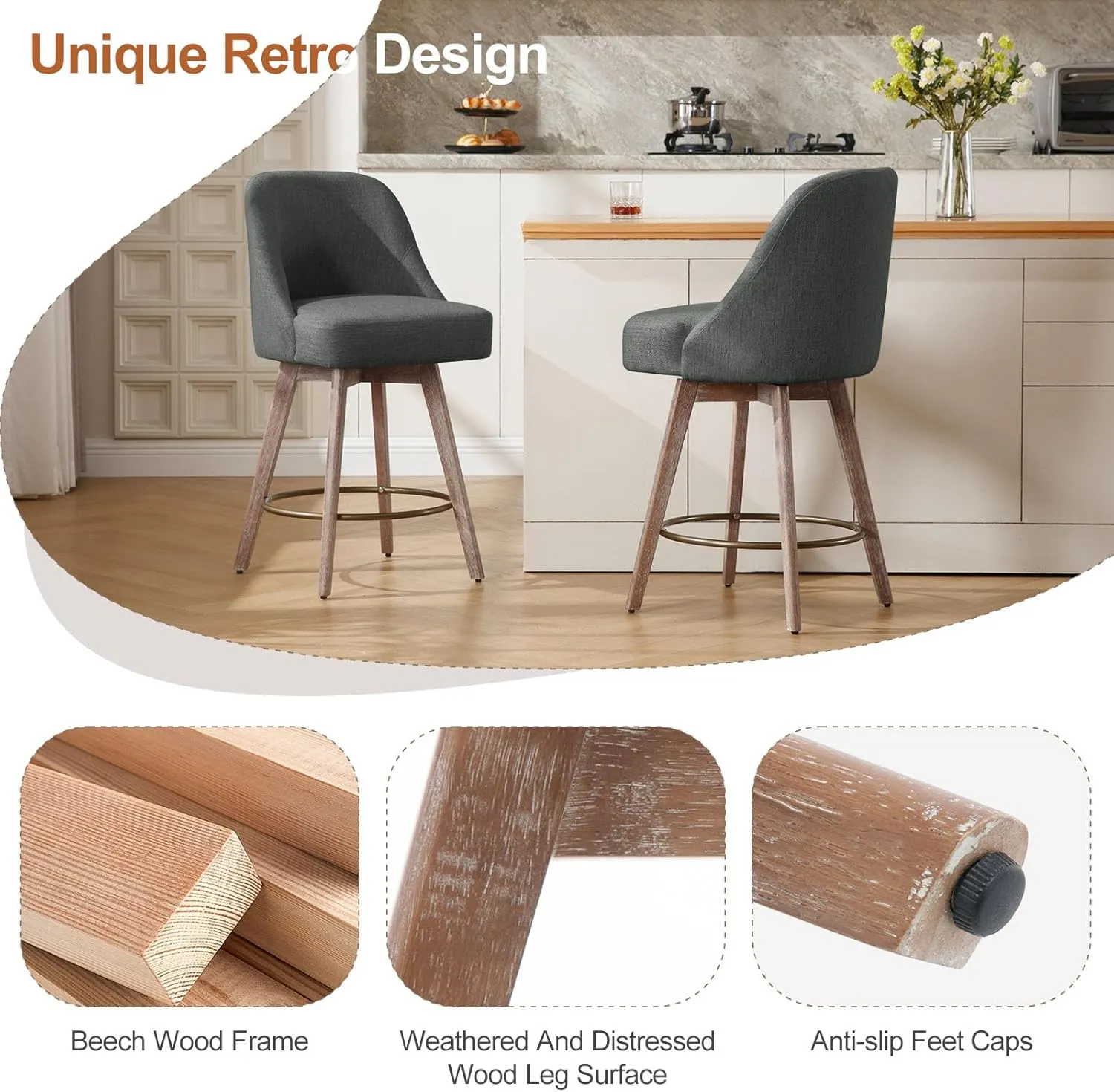 Counter Height Bar Stools Set of 2, Modern Mid-Century Swivel Barstools with Backs and Wood Legs, Linen Fabric Upholstered Bar Chairs, 26" Seat Height Counter Stools for Kitchen Island, Gray