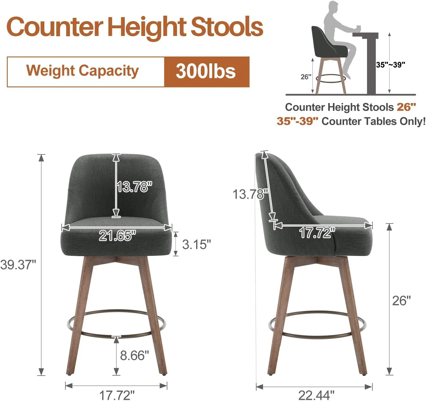 Counter Height Bar Stools Set of 2, Modern Mid-Century Swivel Barstools with Backs and Wood Legs, Linen Fabric Upholstered Bar Chairs, 26" Seat Height Counter Stools for Kitchen Island, Gray