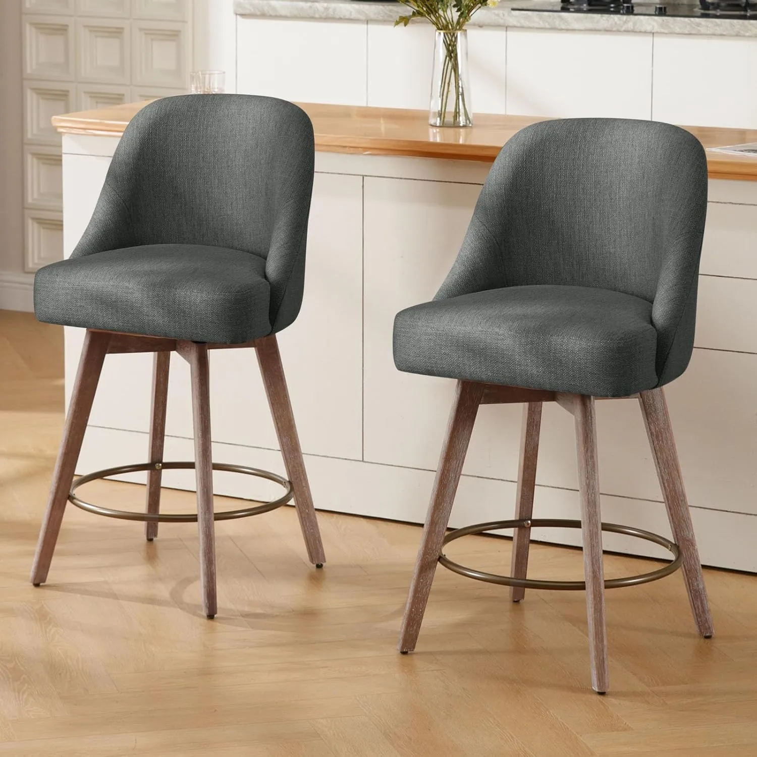 Counter Height Bar Stools Set of 2, Modern Mid-Century Swivel Barstools with Backs and Wood Legs, Linen Fabric Upholstered Bar Chairs, 26" Seat Height Counter Stools for Kitchen Island, Gray