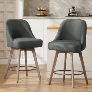 Counter Height Bar Stools Set of 2, Modern Mid-Century Swivel Barstools with Backs and Wood Legs, Linen Fabric Upholstered Bar Chairs, 26" Seat Height Counter Stools for Kitchen Island, Gray