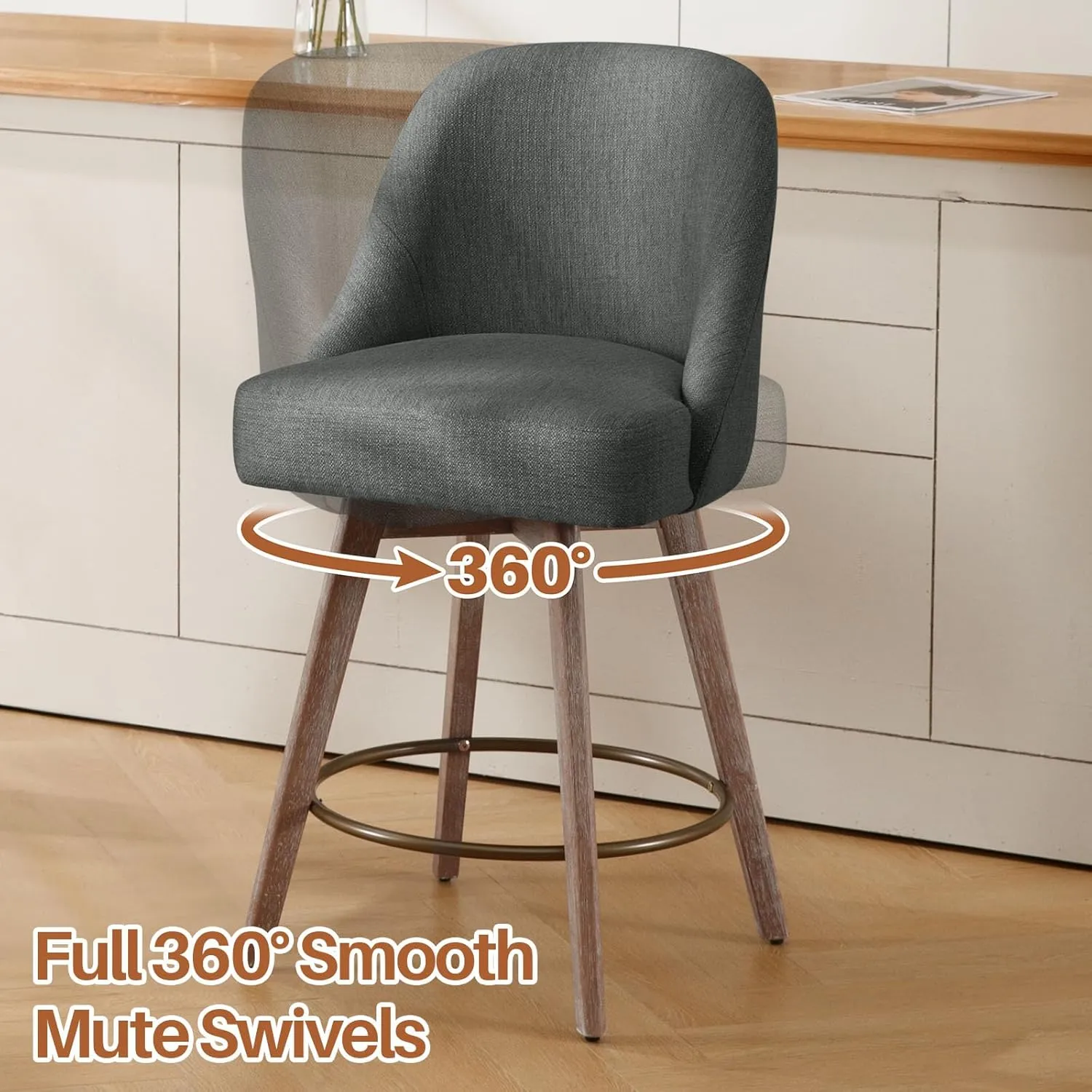 Counter Height Bar Stools Set of 2, Modern Mid-Century Swivel Barstools with Backs and Wood Legs, Linen Fabric Upholstered Bar Chairs, 26" Seat Height Counter Stools for Kitchen Island, Gray