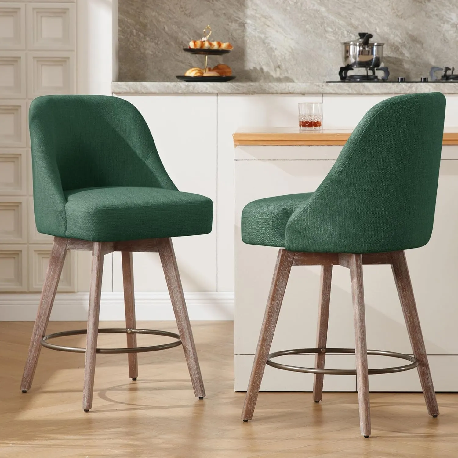 Counter Height Bar Stools Set of 2, Modern Mid-Century Swivel Barstools with Backs and Wood Legs, Linen Fabric Upholstered Bar Chairs, 26" Seat Height Counter Stools for Kitchen Island, Green