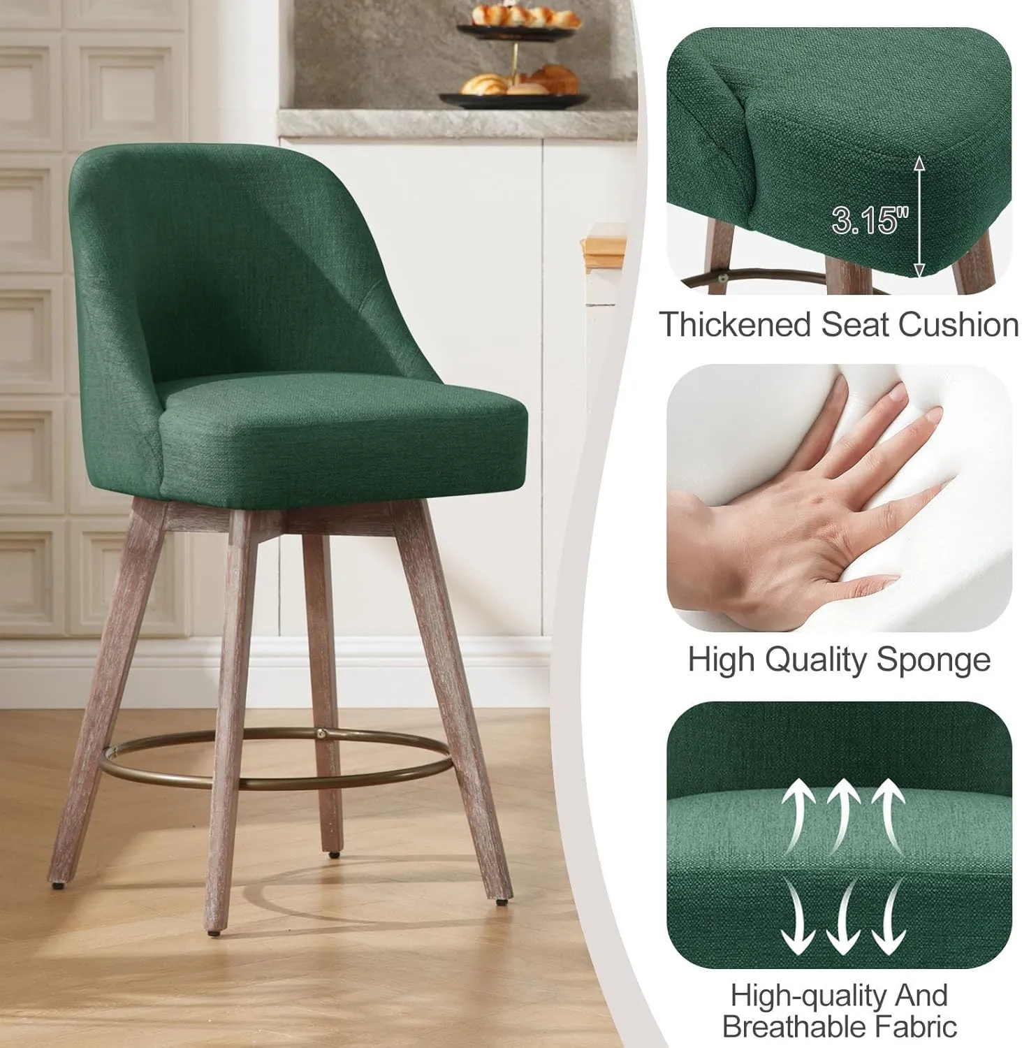 Counter Height Bar Stools Set of 2, Modern Mid-Century Swivel Barstools with Backs and Wood Legs, Linen Fabric Upholstered Bar Chairs, 26" Seat Height Counter Stools for Kitchen Island, Green