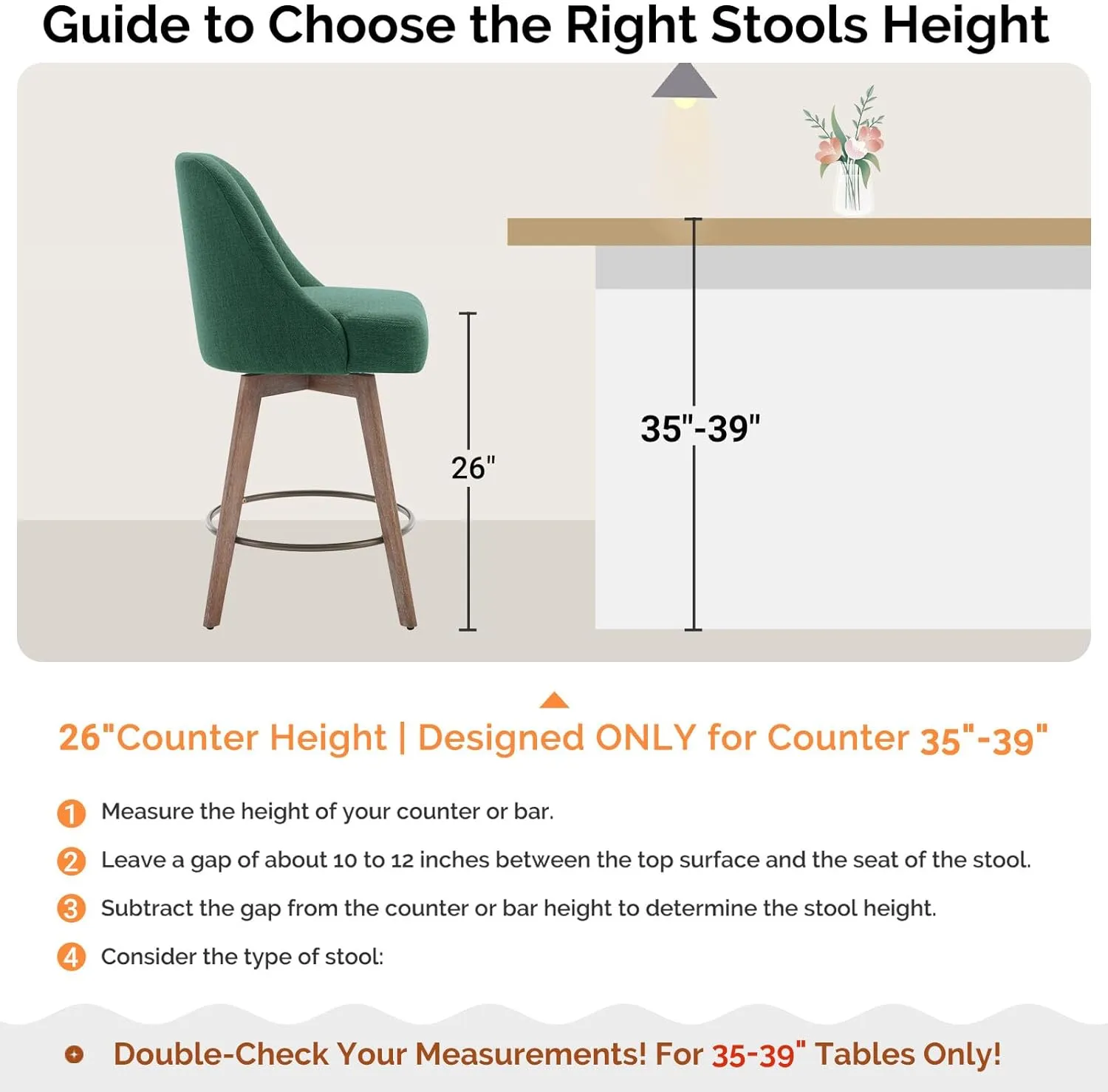 Counter Height Bar Stools Set of 2, Modern Mid-Century Swivel Barstools with Backs and Wood Legs, Linen Fabric Upholstered Bar Chairs, 26" Seat Height Counter Stools for Kitchen Island, Green