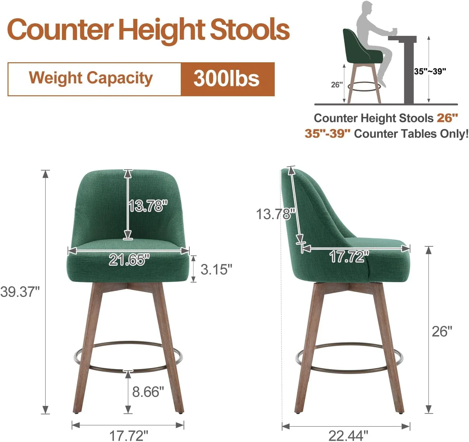 Counter Height Bar Stools Set of 2, Modern Mid-Century Swivel Barstools with Backs and Wood Legs, Linen Fabric Upholstered Bar Chairs, 26" Seat Height Counter Stools for Kitchen Island, Green