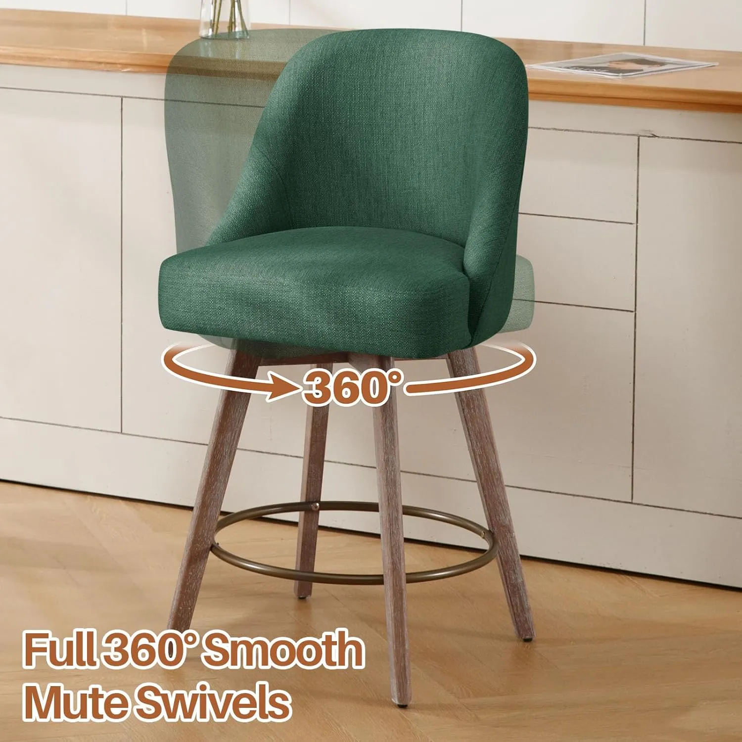 Counter Height Bar Stools Set of 2, Modern Mid-Century Swivel Barstools with Backs and Wood Legs, Linen Fabric Upholstered Bar Chairs, 26" Seat Height Counter Stools for Kitchen Island, Green