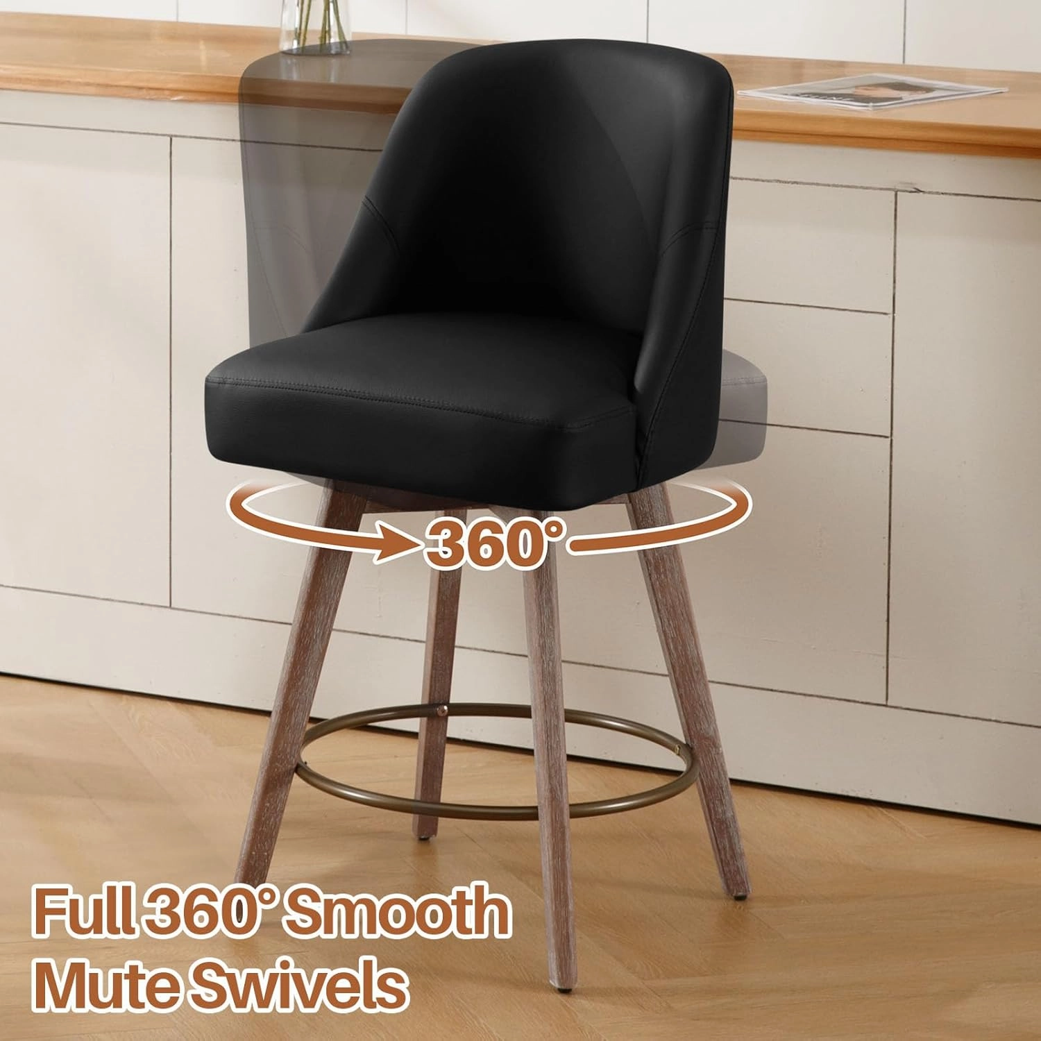 Counter Height Bar Stools Set of 2, Mid-Century Swivel Bar Chairs with Backs and Beech Wood Legs, 26 Inch Seat Height, PU Leather Upholstered Barstools for Kitchen Island, Bar, Pub, Black