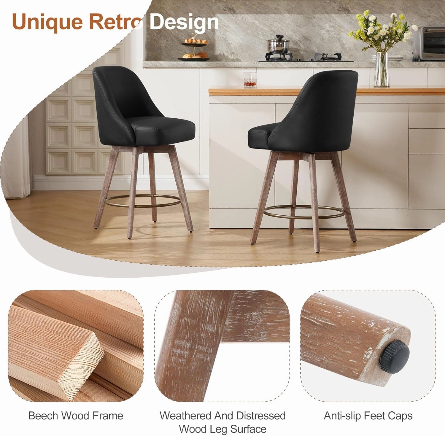 Counter Height Bar Stools Set of 2, Mid-Century Swivel Bar Chairs with Backs and Beech Wood Legs, 26 Inch Seat Height, PU Leather Upholstered Barstools for Kitchen Island, Bar, Pub, Black
