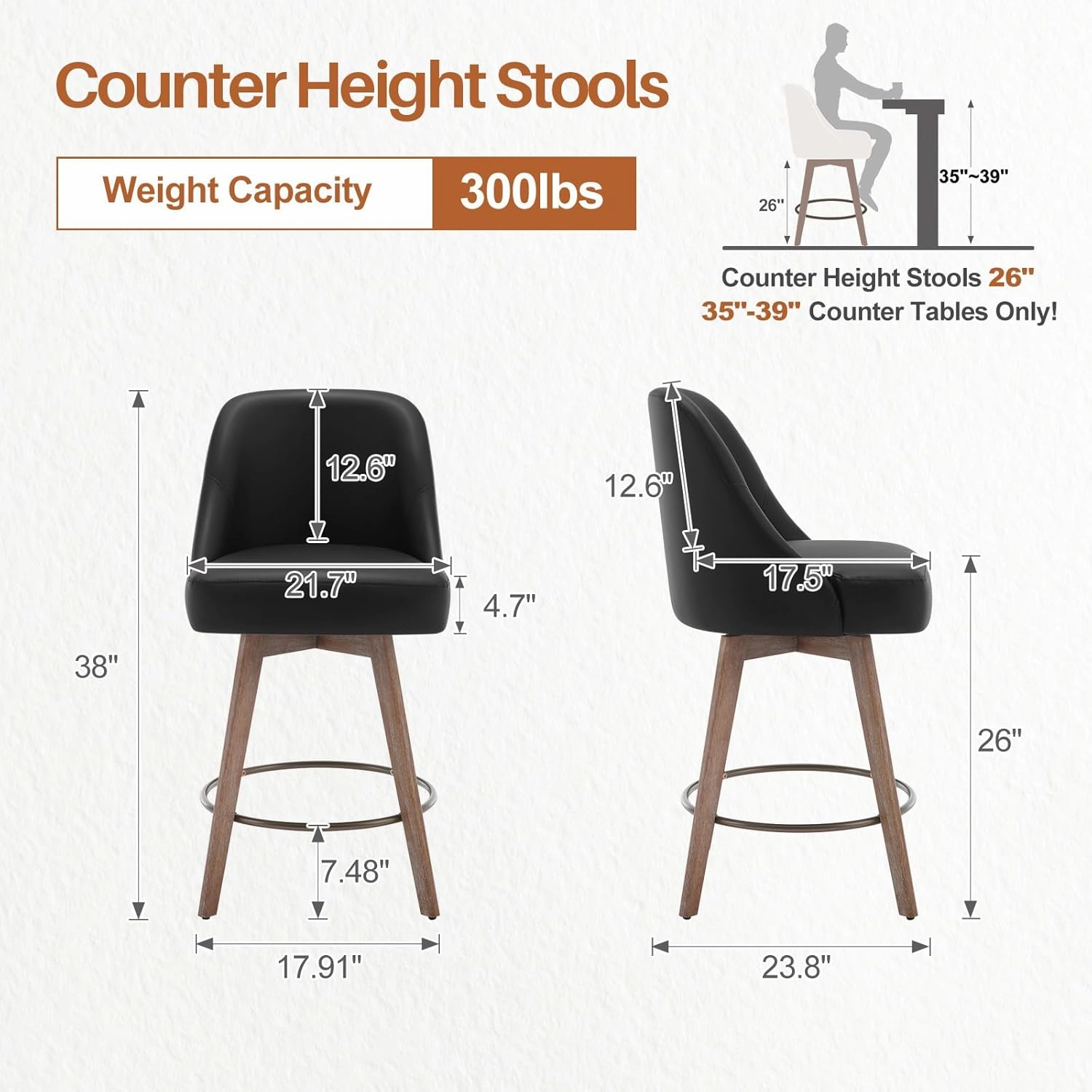 Counter Height Bar Stools Set of 2, Mid-Century Swivel Bar Chairs with Backs and Beech Wood Legs, 26 Inch Seat Height, PU Leather Upholstered Barstools for Kitchen Island, Bar, Pub, Black