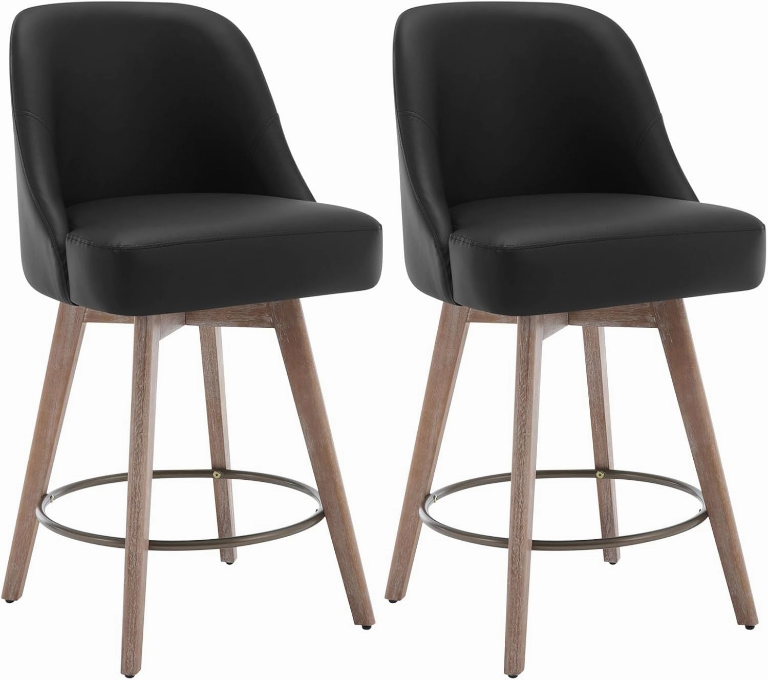 Counter Height Bar Stools Set of 2, Mid-Century Swivel Bar Chairs with Backs and Beech Wood Legs, 26 Inch Seat Height, PU Leather Upholstered Barstools for Kitchen Island, Bar, Pub, Black