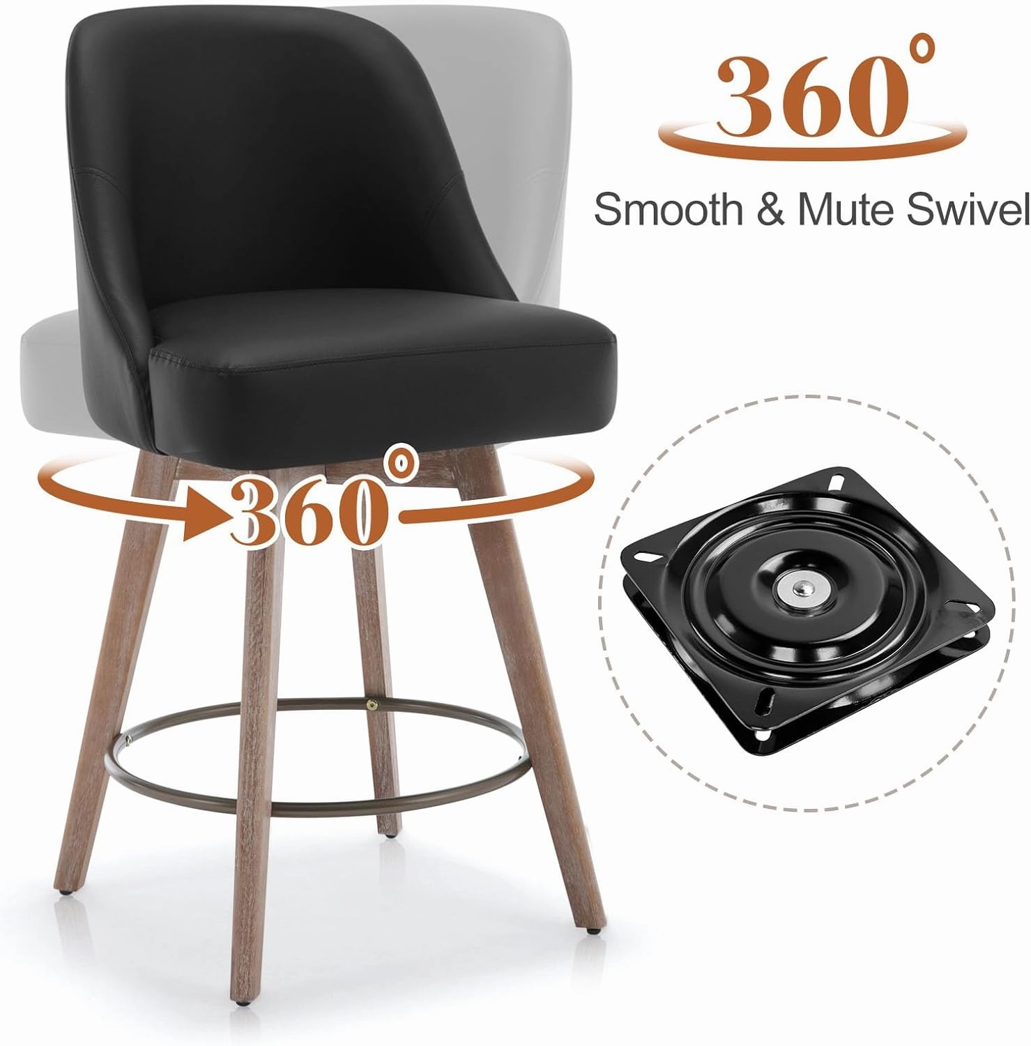 Counter Height Bar Stools Set of 2, Mid-Century Swivel Bar Chairs with Backs and Beech Wood Legs, 26 Inch Seat Height, PU Leather Upholstered Barstools for Kitchen Island, Bar, Pub, Black