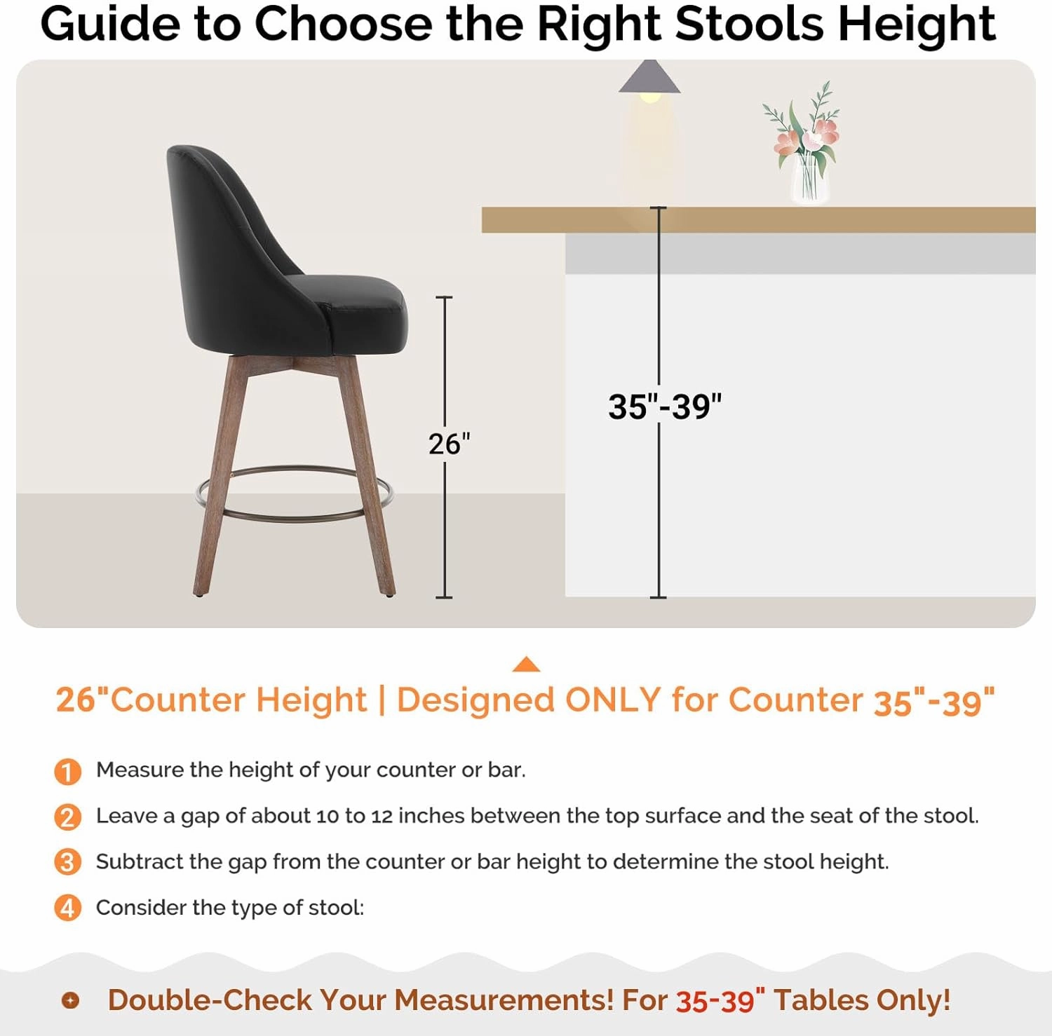 Counter Height Bar Stools Set of 2, Mid-Century Swivel Bar Chairs with Backs and Beech Wood Legs, 26 Inch Seat Height, PU Leather Upholstered Barstools for Kitchen Island, Bar, Pub, Black