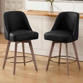 Counter Height Bar Stools Set of 2, Mid-Century Swivel Bar Chairs with Backs and Beech Wood Legs, 26 Inch Seat Height, PU Leather Upholstered Barstools for Kitchen Island, Bar, Pub, Black