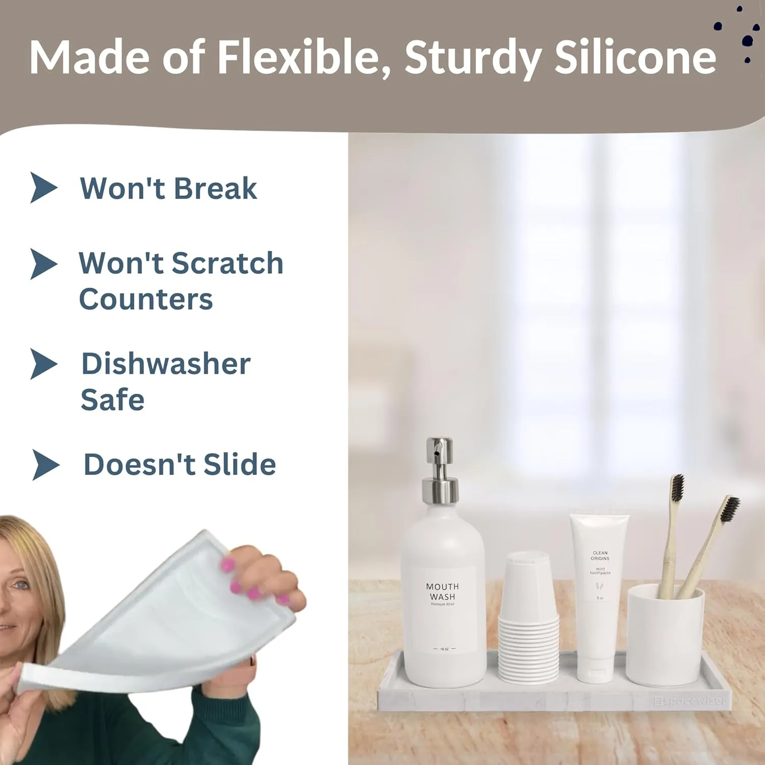 Countertop and Vanity Tray - 11.7" Silicone Bathroom Tray, Flexible Dish Soap Holder for Kitchen, Bathroom Counter Organizer, Shower Toilet Tank Trays Décor Accessories, Sink Makeup Mat Oil