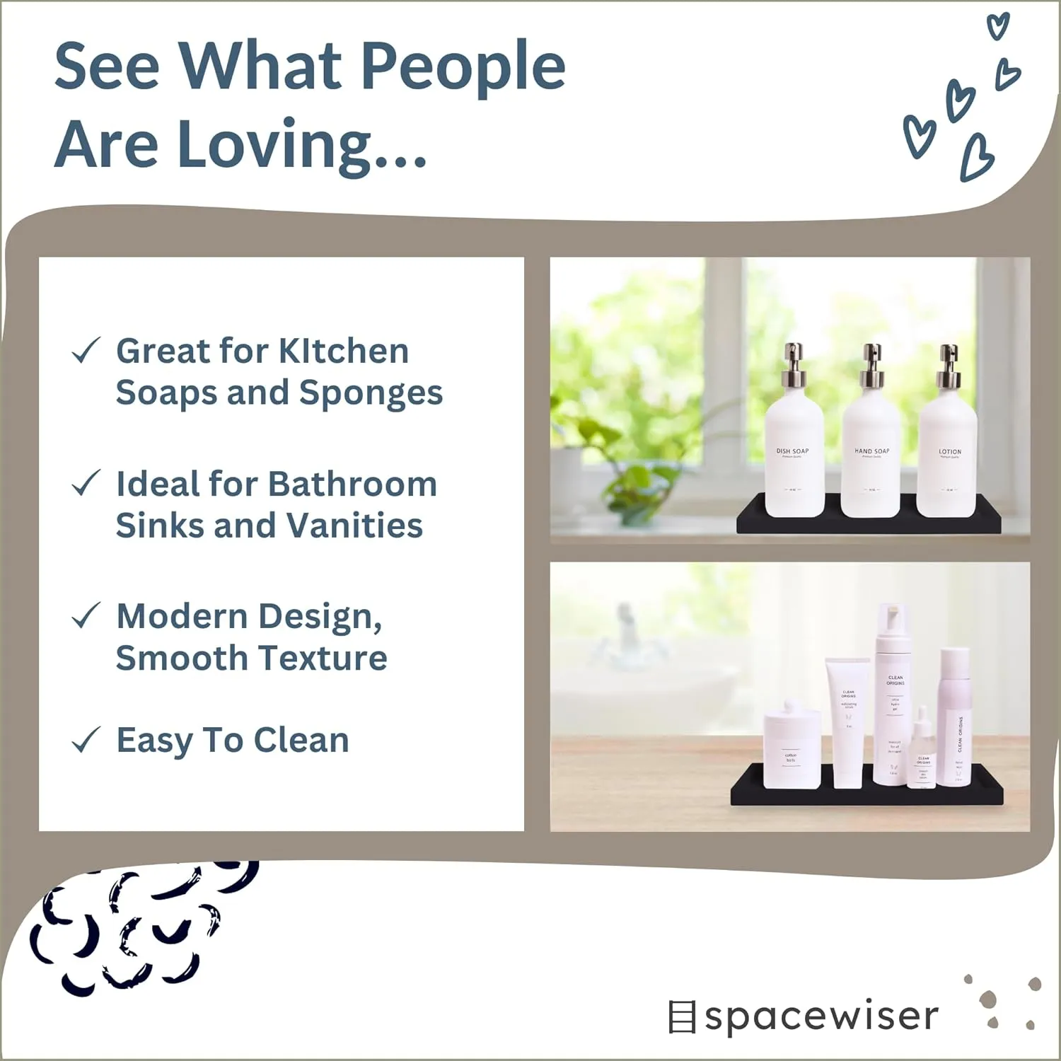 Countertop and Vanity Tray - 11.7" Silicone Bathroom Tray, Flexible Hand Dish Soap Holder for Kitchen, Bathroom Counter Organizer, Shower Toilet Tank Trays Décor, Sink Makeup Mat Oil, Black