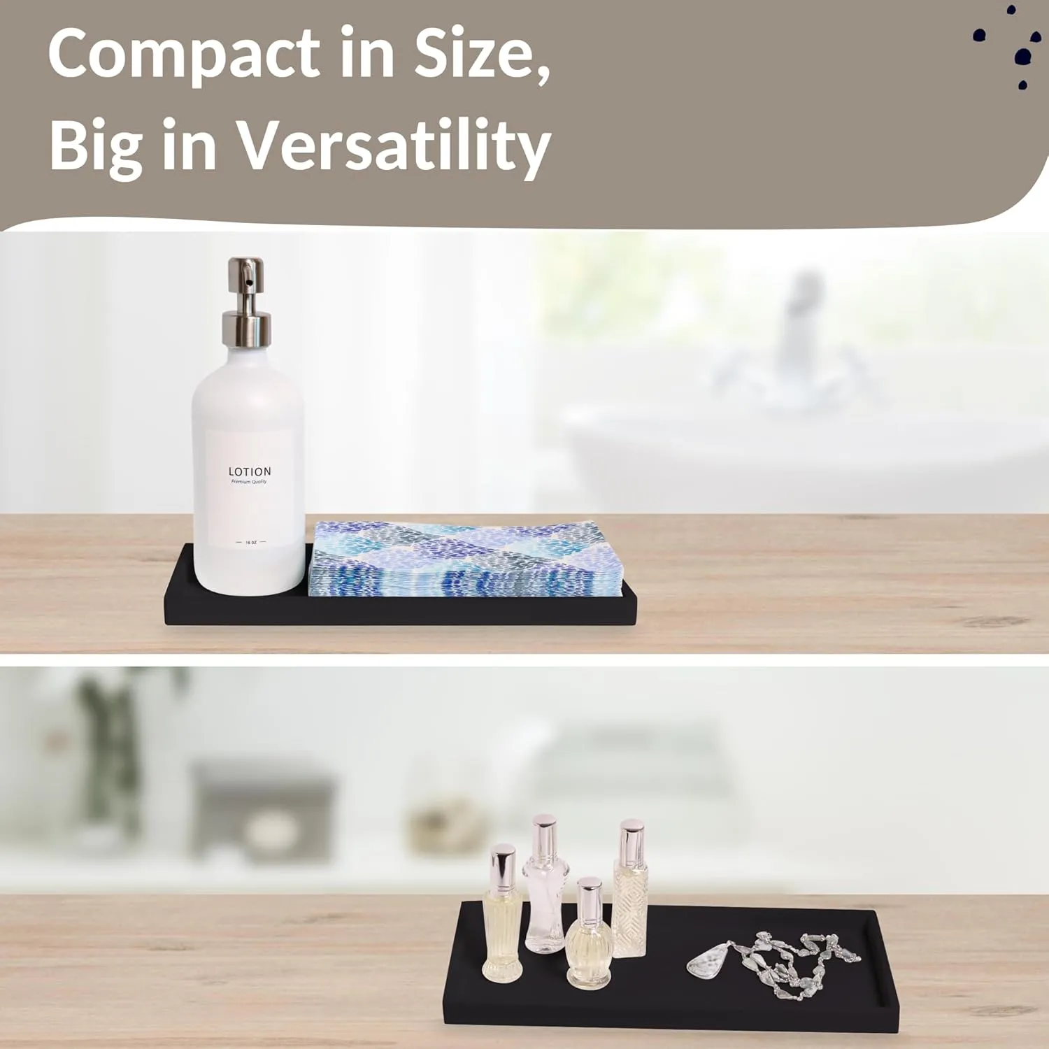 Countertop and Vanity Tray - 11.7" Silicone Bathroom Tray, Flexible Hand Dish Soap Holder for Kitchen, Bathroom Counter Organizer, Shower Toilet Tank Trays Décor, Sink Makeup Mat Oil, Black
