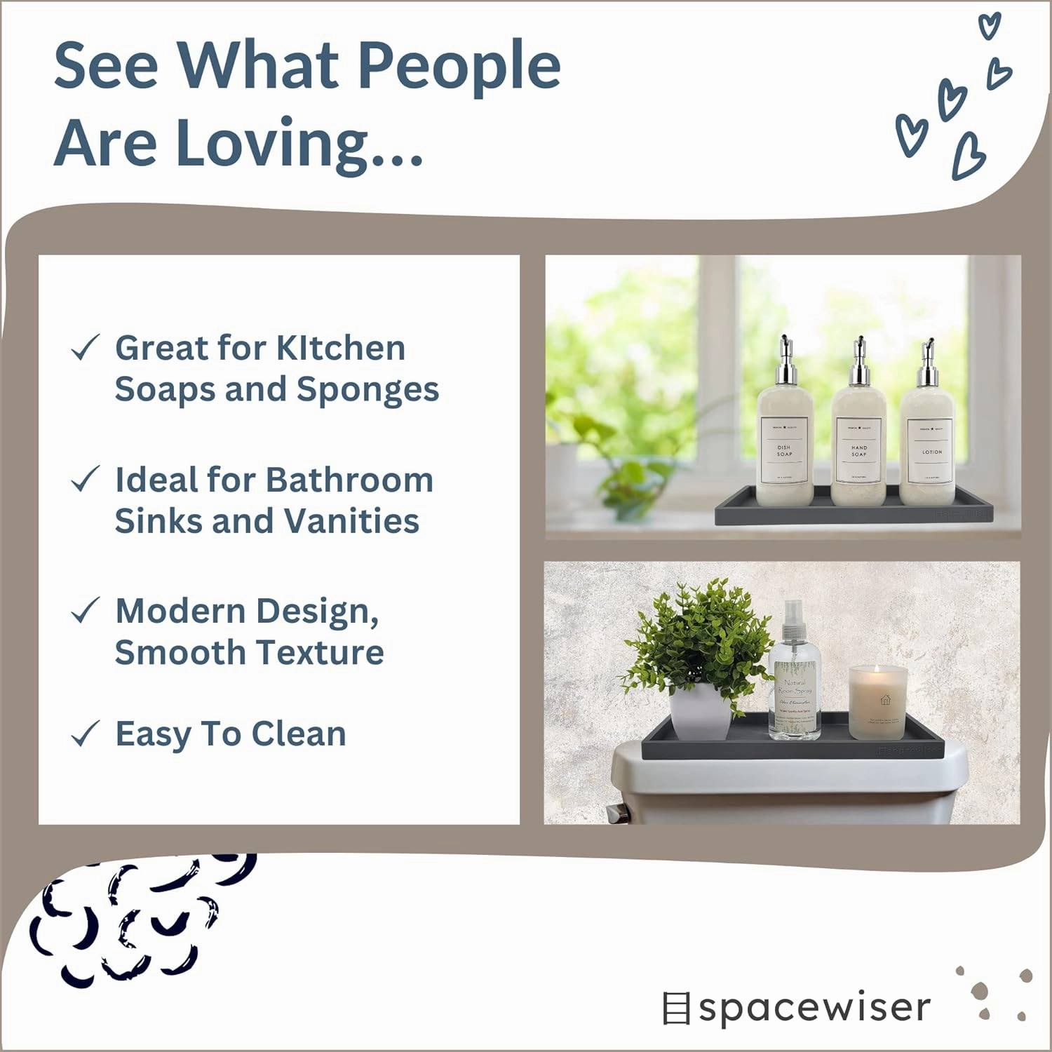 Countertop and Vanity Tray - 11.7" Silicone Bathroom Tray, Flexible Dish Soap Holder for Kitchen, Bathroom Counter Organizer, Shower Toilet Tank Trays Décor Accessories, Sink Makeup Mat Oil