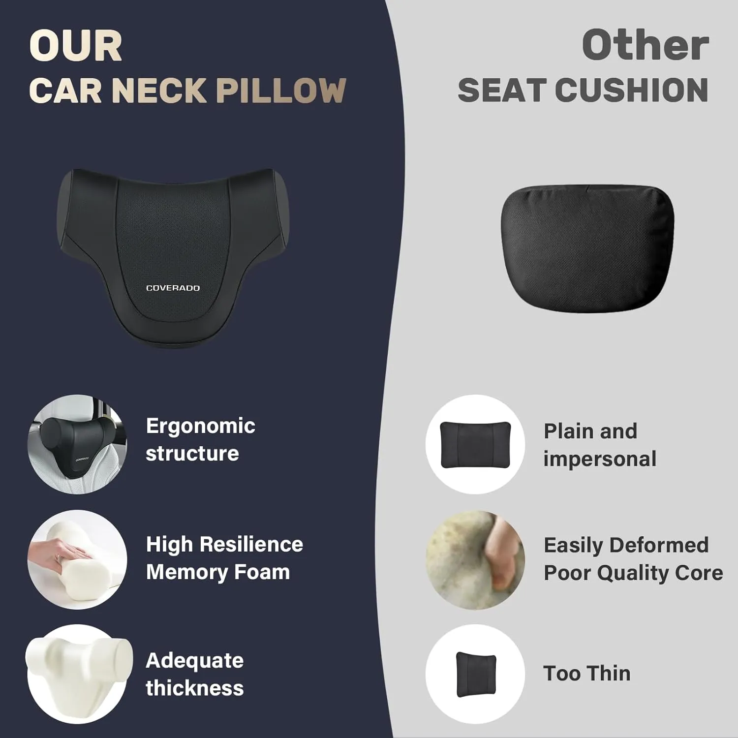 Coverado Car Headrest Pillow, Ergonomic Memory Foam Car Neck Pillow for Driving Seat with Adjustable Strap, Soft PU Leather Breathable Removable Cover Neck Support for Neck Pain Relief - Black
