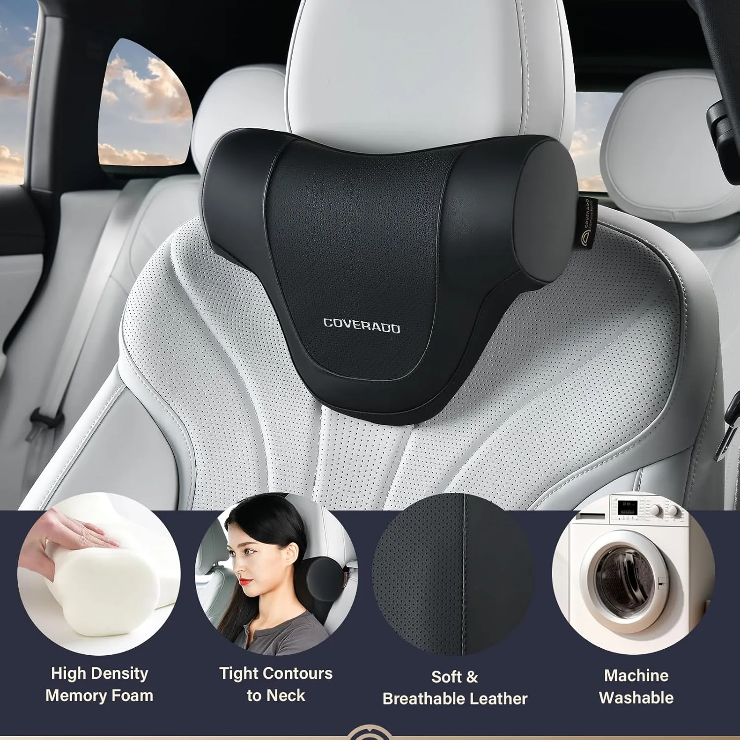 Coverado Car Headrest Pillow, Ergonomic Memory Foam Car Neck Pillow for Driving Seat with Adjustable Strap, Soft PU Leather Breathable Removable Cover Neck Support for Neck Pain Relief - Black