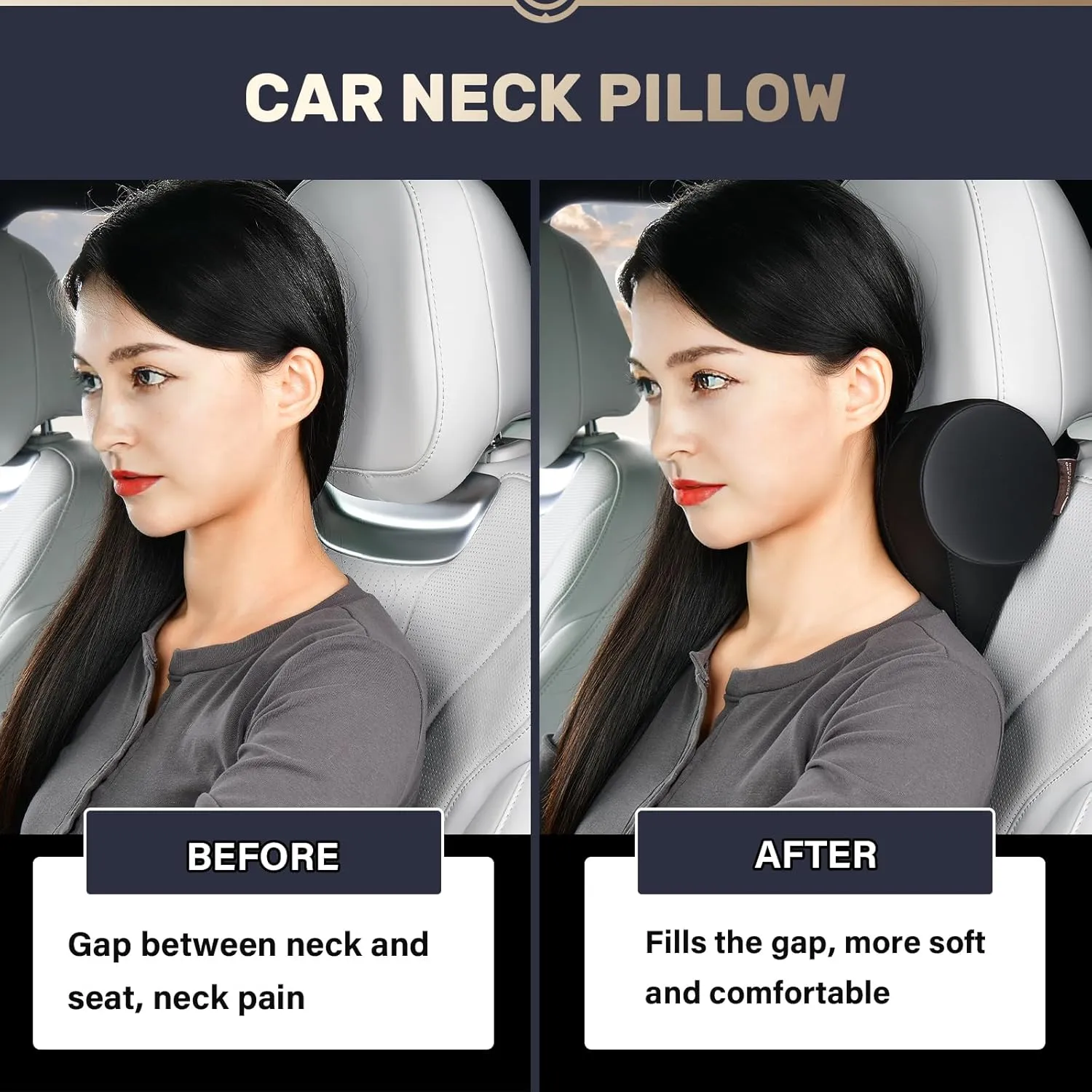 Coverado Car Headrest Pillow, Ergonomic Memory Foam Car Neck Pillow for Driving Seat with Adjustable Strap, Soft PU Leather Breathable Removable Cover Neck Support for Neck Pain Relief - Black