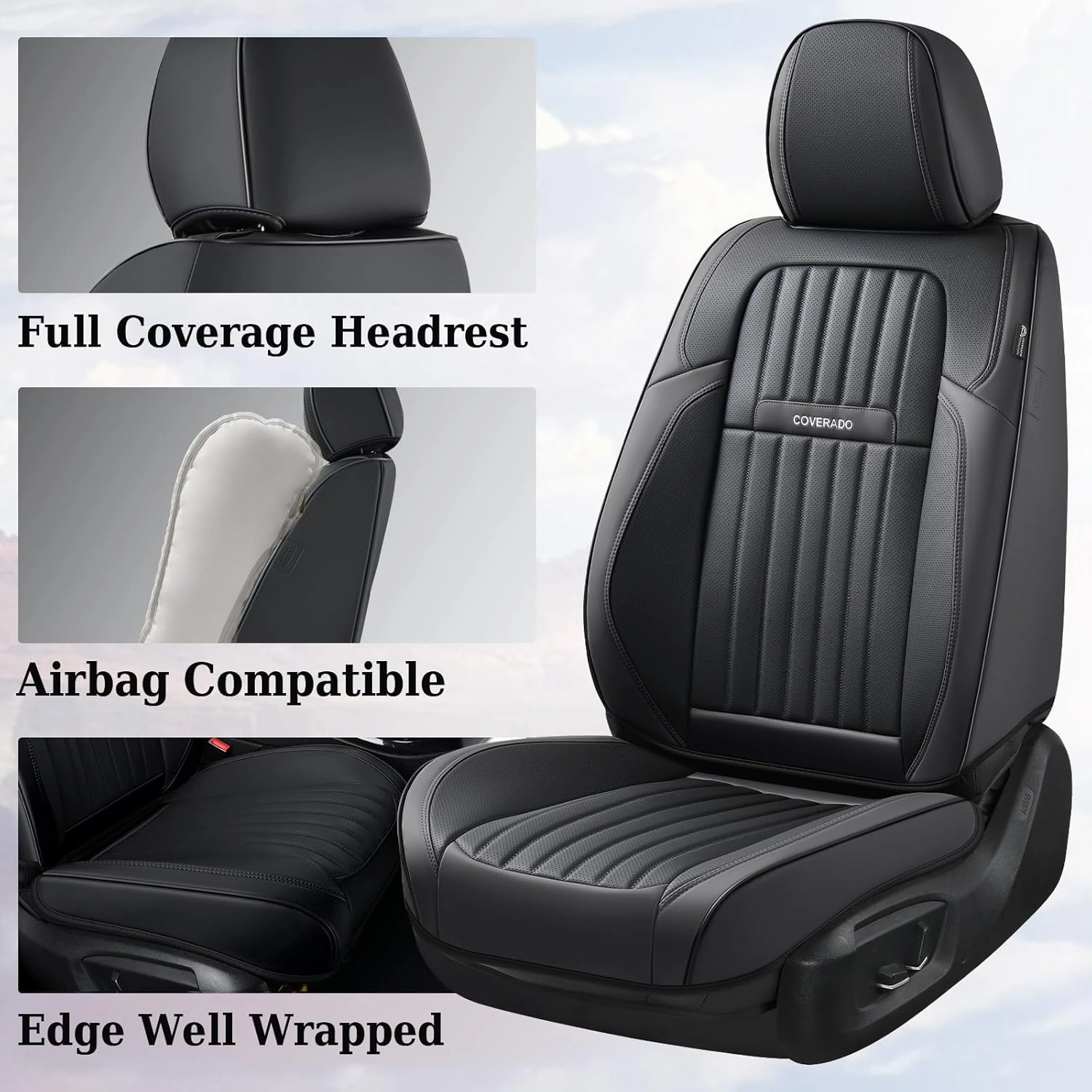 Coverado Seat Covers, Car Seat Covers Front Seats, Car Seat Cover, Car Seat Protector Waterproof, Car Seat Cushion Nappa Leather, Black Seat Covers for Cars Carseat Cover Universal Fit for Most Cars