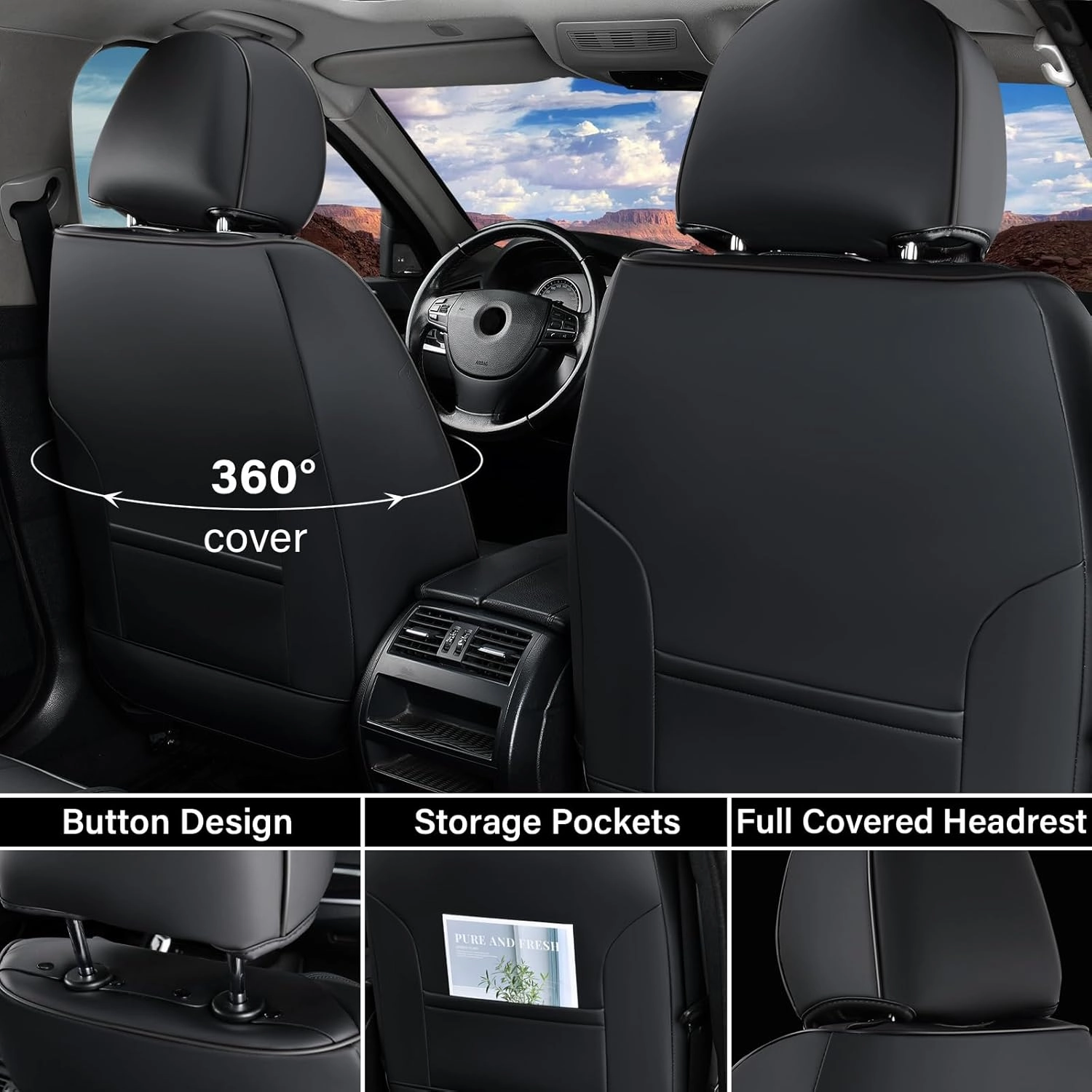 Coverado Seat Covers, Car Seat Covers Front Seats, Car Seat Cover, Car Seat Protector Waterproof, Car Seat Cushion Nappa Leather, Black Seat Covers for Cars Carseat Cover Universal Fit for Most Cars