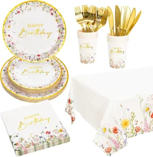 Crisky Wildflower Birthday Plates and Napkins set Women/Men Floral Disposable Tableware Set of 24 for Birthday Party Decorations (Plates, Napkin, Cups, Tablecloth, Knife & Fork)
