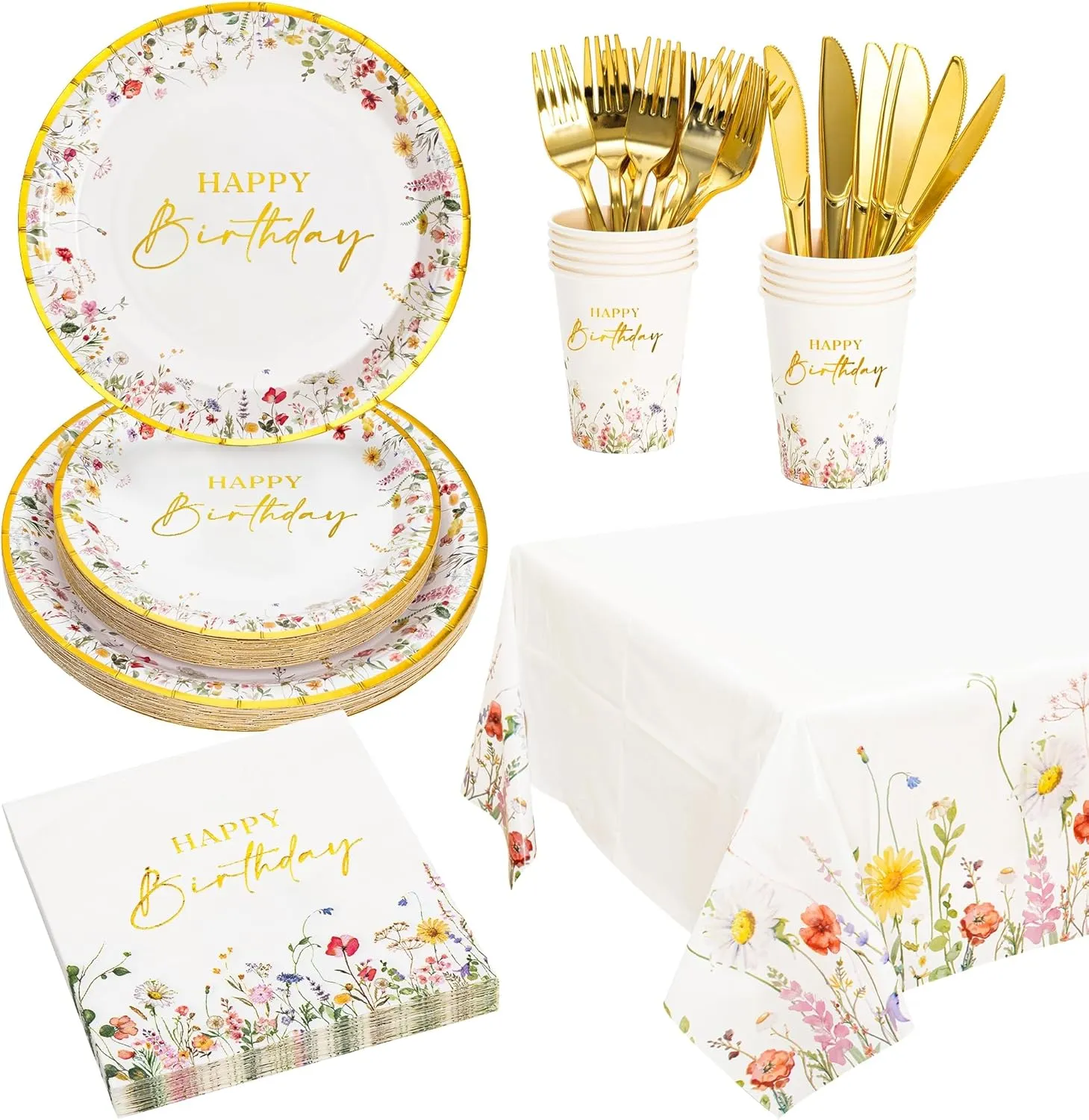 Crisky Wildflower Birthday Plates and Napkins set Women/Men Floral Disposable Tableware Set of 24 for Birthday Party Decorations (Plates, Napkin, Cups, Tablecloth, Knife & Fork)