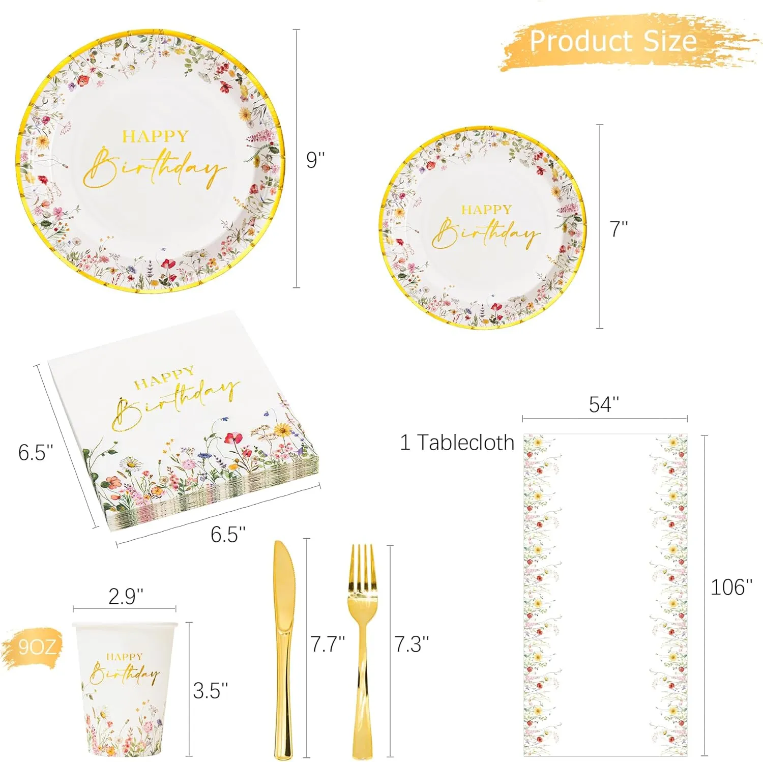 Crisky Wildflower Birthday Plates and Napkins set Women/Men Floral Disposable Tableware Set of 24 for Birthday Party Decorations (Plates, Napkin, Cups, Tablecloth, Knife & Fork)