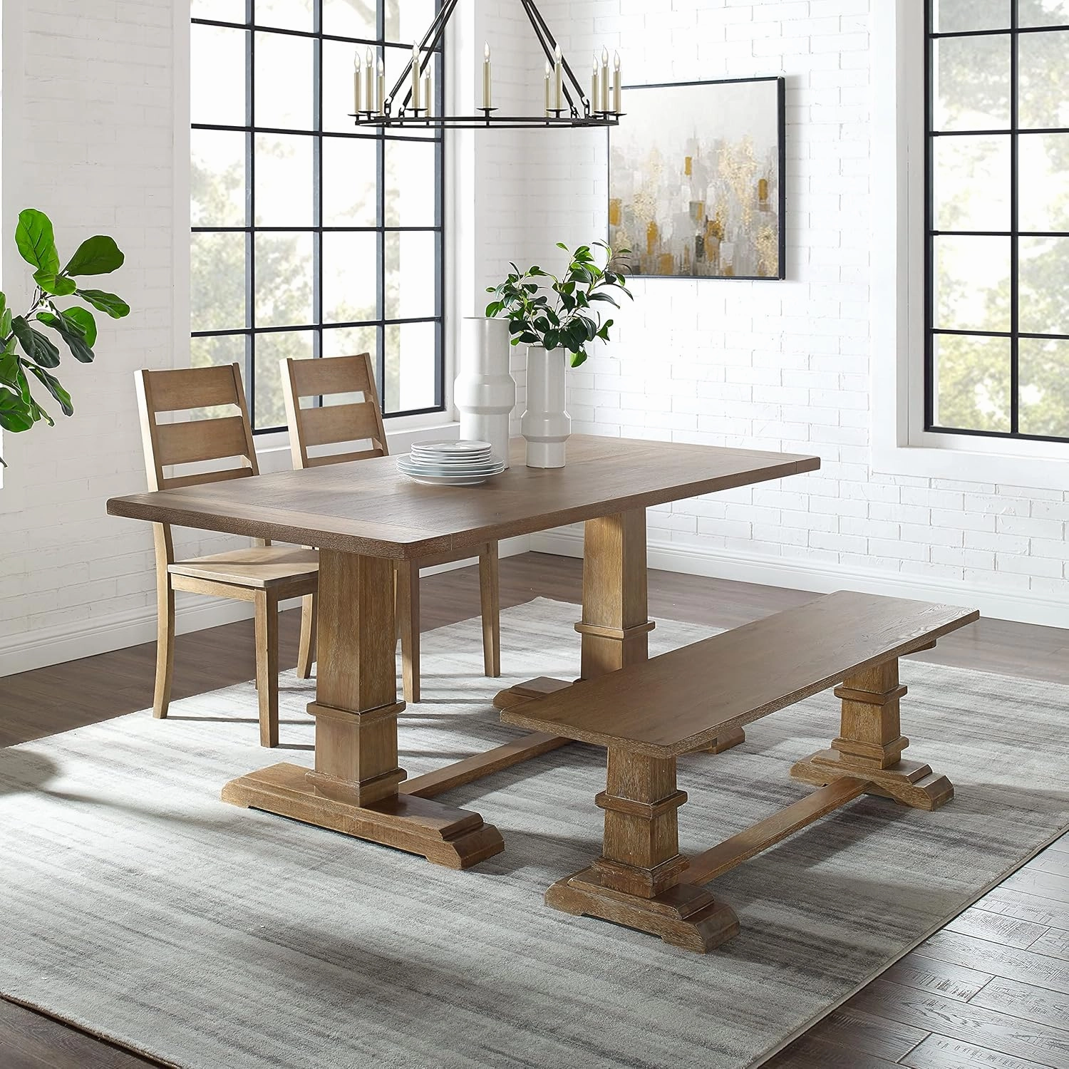 Crosley Furniture Joanna 4-Piece Modern Farmhouse Dining Table Set for 5 with 2 Ladderback Chairs and a Bench, Rustic Brown
