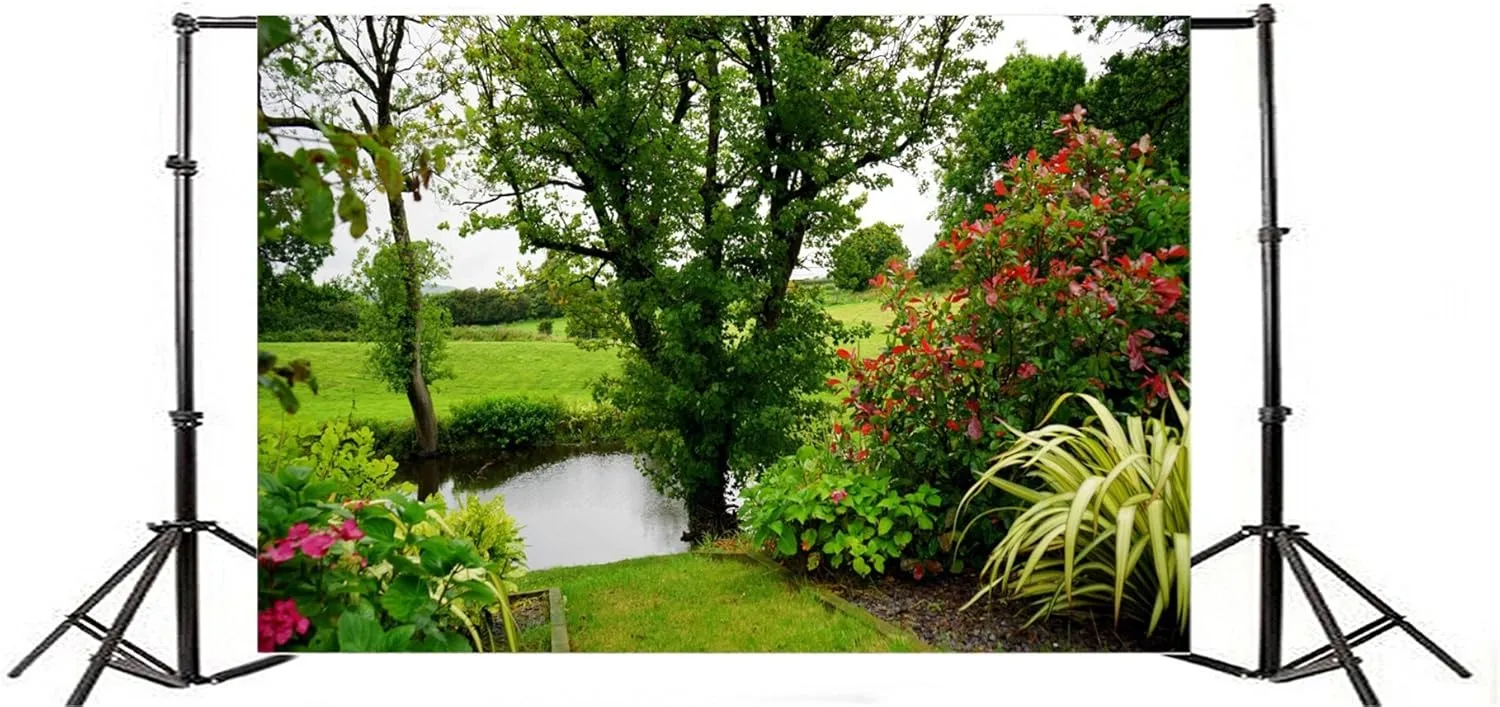CSFOTO 8x6ft Garden Backdrop Spring Outdoor Picnic Countryside Photo Background for Photography Fields Tree Park River Spring Nature Landscape Decorative Banner