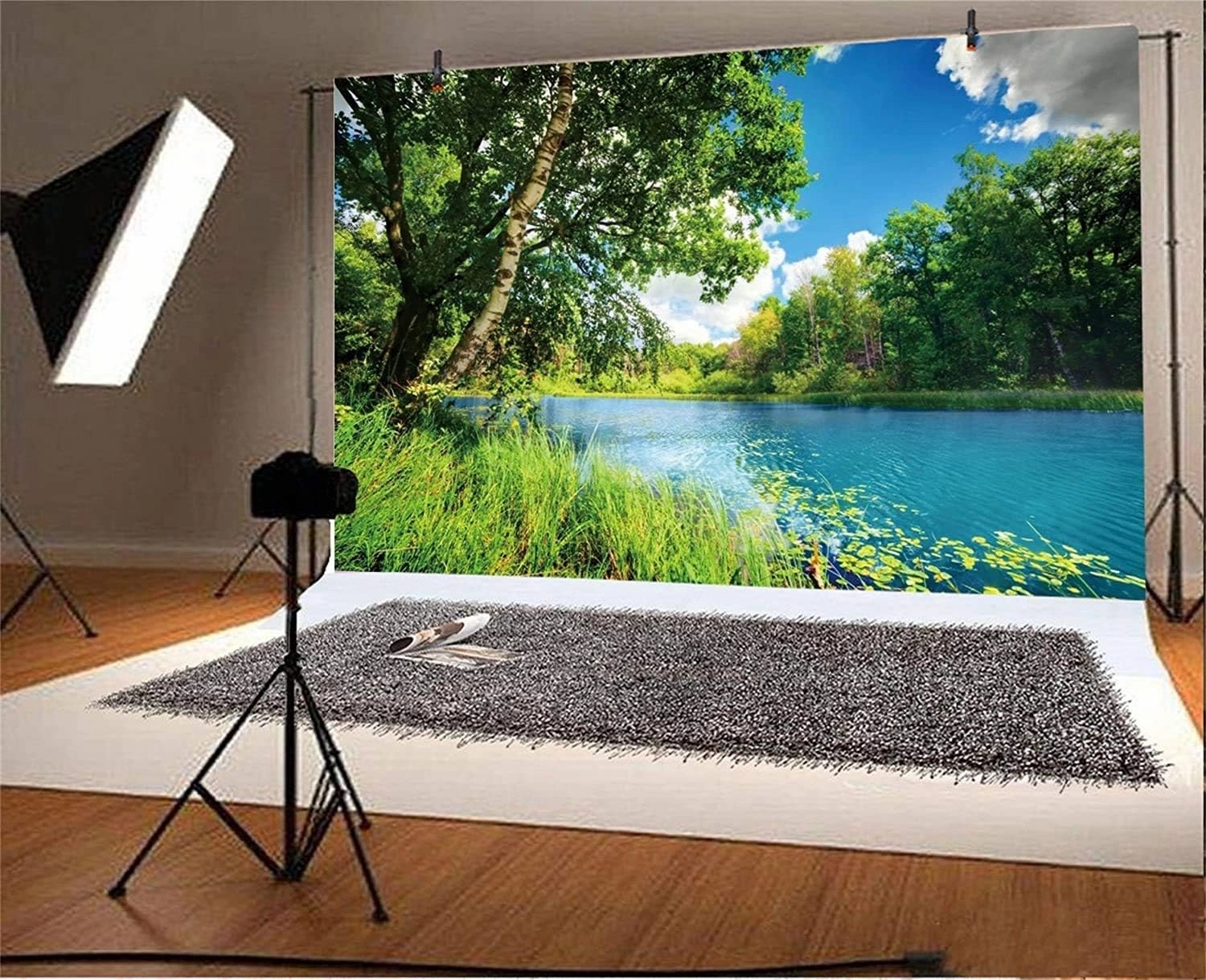 CSFOTO 10x8ft Park Scenery Backdrop River Blue Water and Tree Forest Garden Blue Sky Outdoor Picnic Spring Background Camping Hiking Photo Background Countryside Field Backdrop