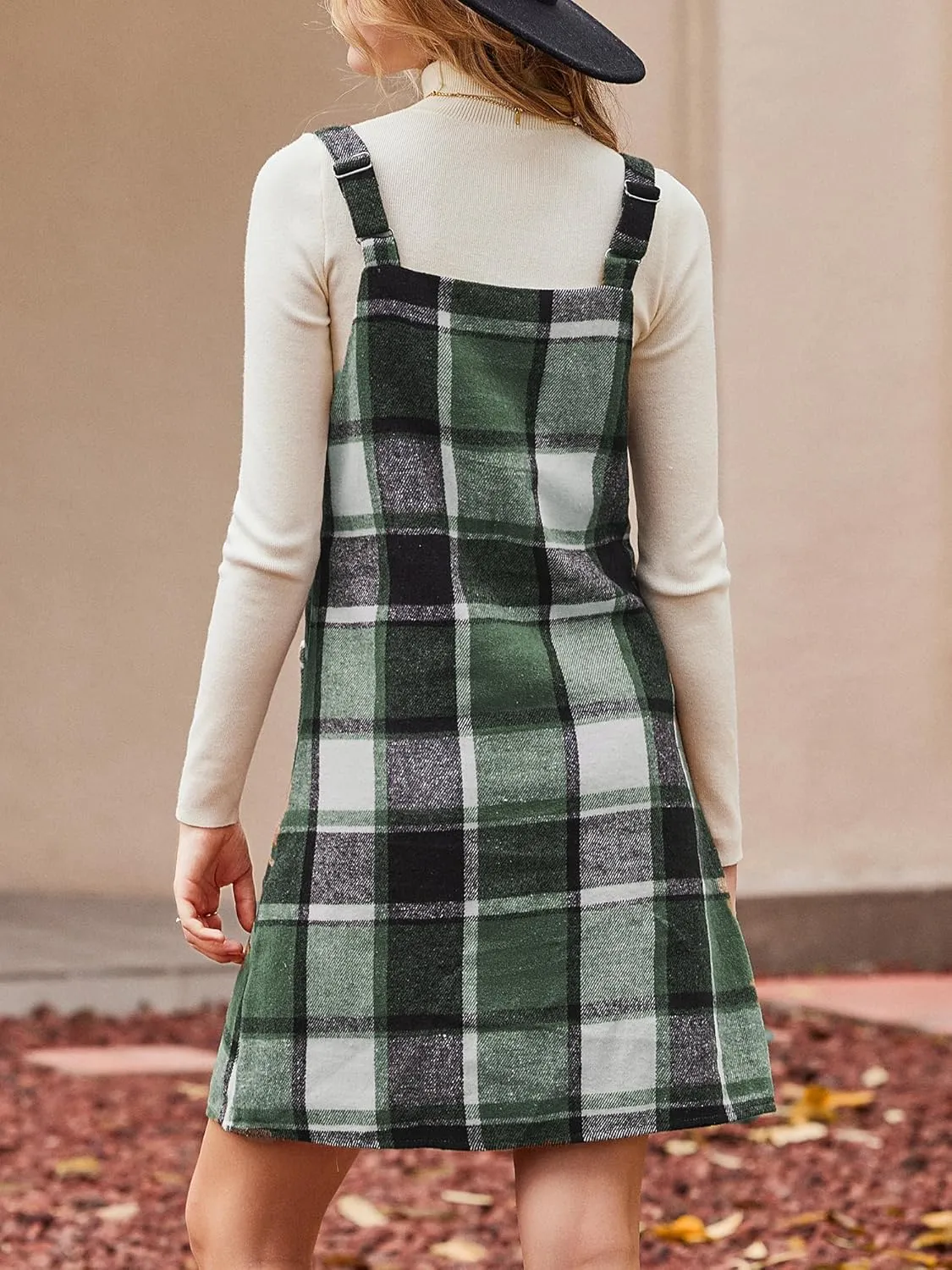 CUPSHE Fall Dresses for Women V Neck Plaid Sleeveless Wide Strpas Pockets Casual Pinafore Mini Overall Dress