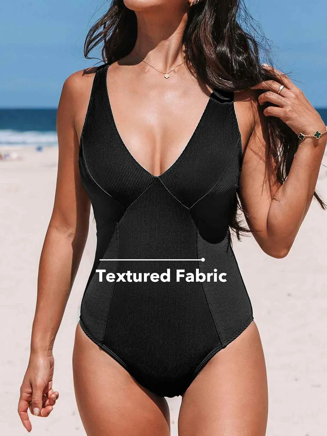 CUPSHE Women's One Piece Swimsuit Plunging V Neck Bathing Suit Wide Adjustable Straps O Ring Ribbed Swimwear