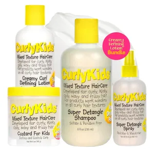 CurlyKids Creamy Defining Lotion Bundle for Kids - Complete Hair Care Set with Detangle Shampoo, Detangle Spray, Curl Lotion, & Custard - Gentle & Moisturizing Formula for Curly, Kinky, & Frizzy Hair