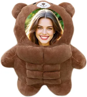 Custom Photo Muscle Plush Bear Pillow Personalized Stuffed Animal Gift for Valentine's Day Birthday Couples Him Her Unique Bear Pillow with Your Photo Design