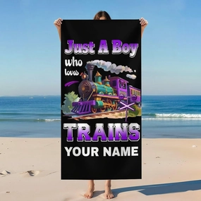 Custom Beach Towels for Kids, Personalized Name Lightweight Quick Dry Train Bath Pool Towels for Boys Teens, 60x30 Inch Cool Beach Essentials Gifts for Outdoors, Seaside, Pools, Picnic